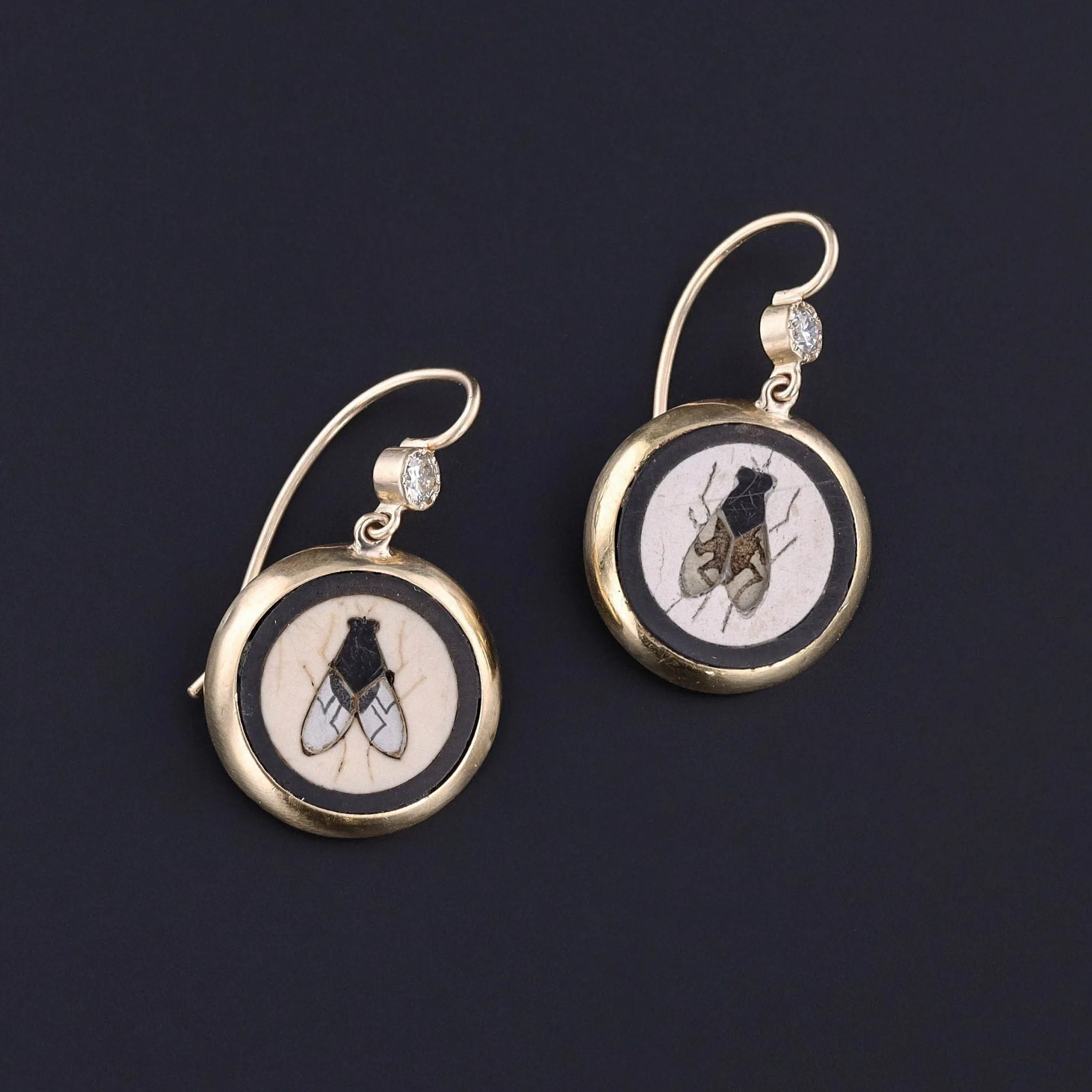 Antique Pietra Dura Fly Earrings of 14k Gold