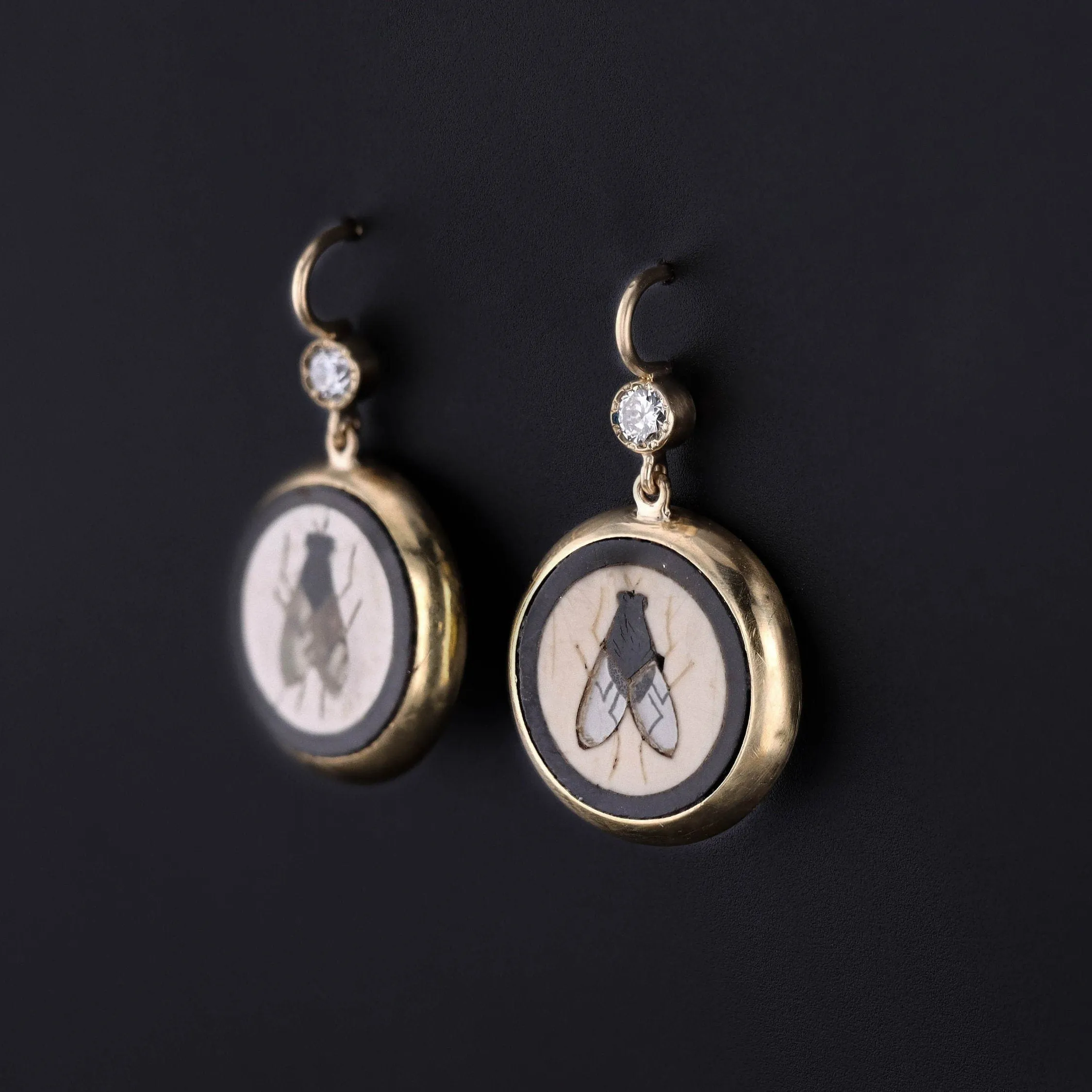 Antique Pietra Dura Fly Earrings of 14k Gold