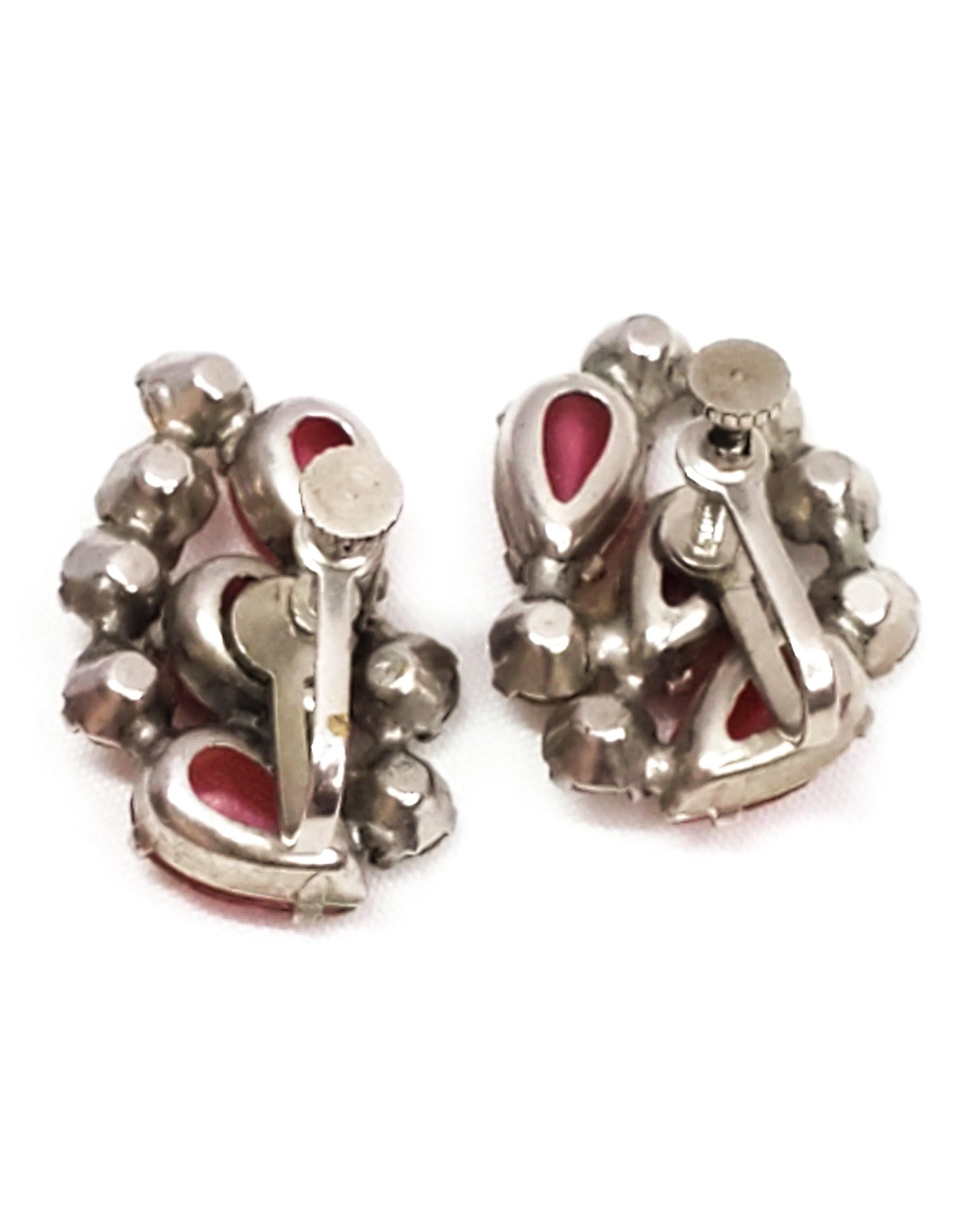 Antique pink cats eye glass and rhinestone screw back earrings