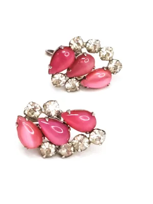 Antique pink cats eye glass and rhinestone screw back earrings