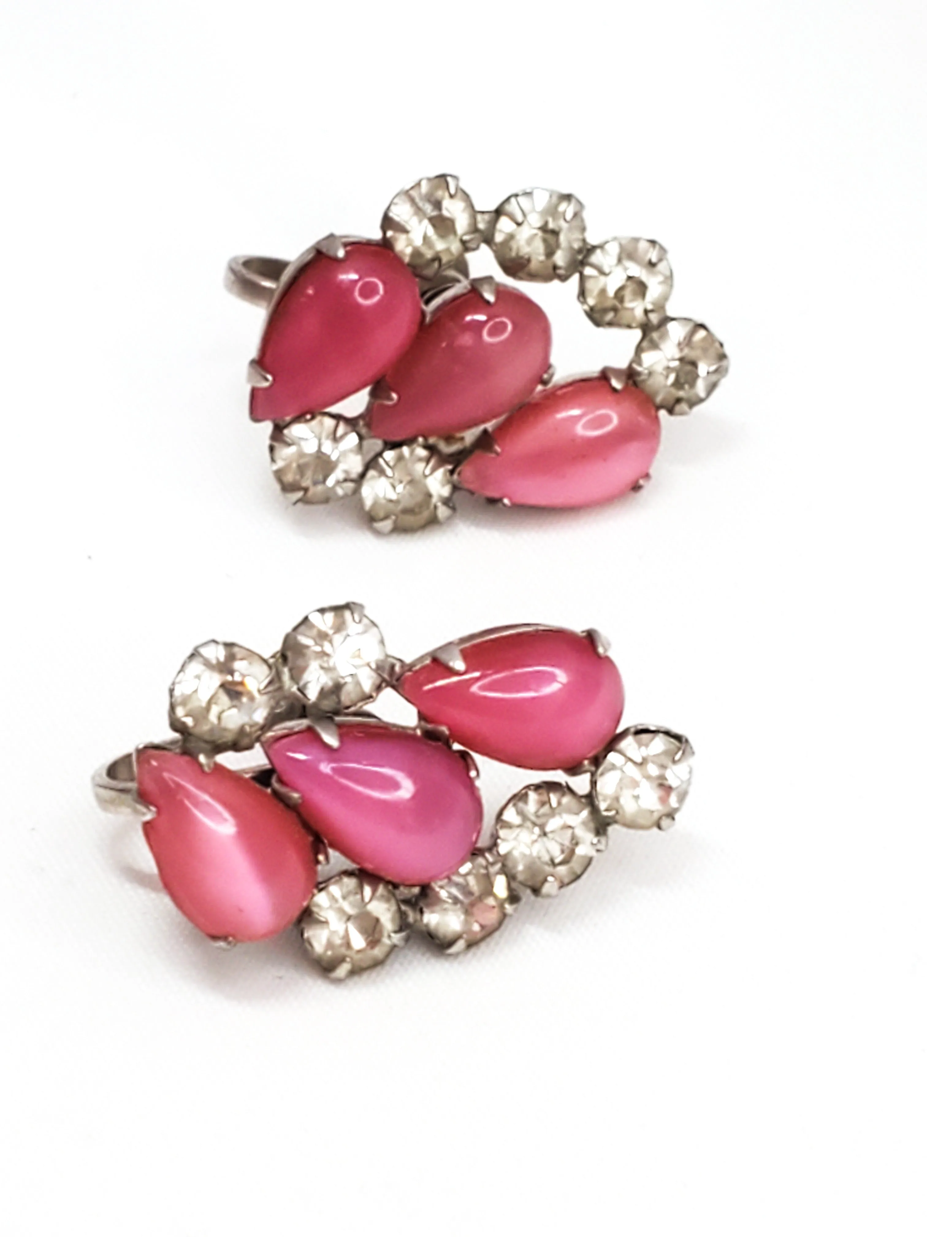 Antique pink cats eye glass and rhinestone screw back earrings