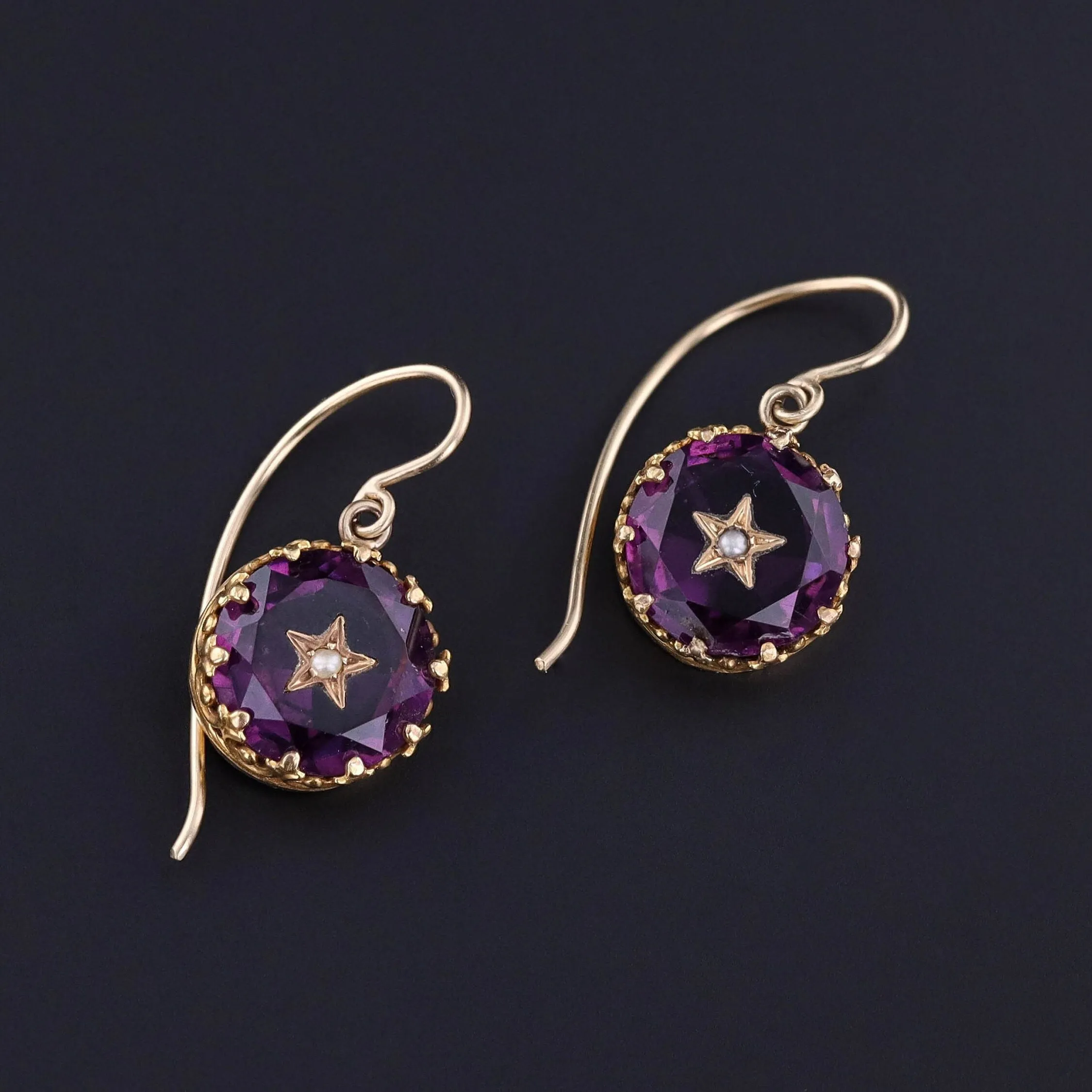 Antique Purple Glass Star Earrings of 14k Gold