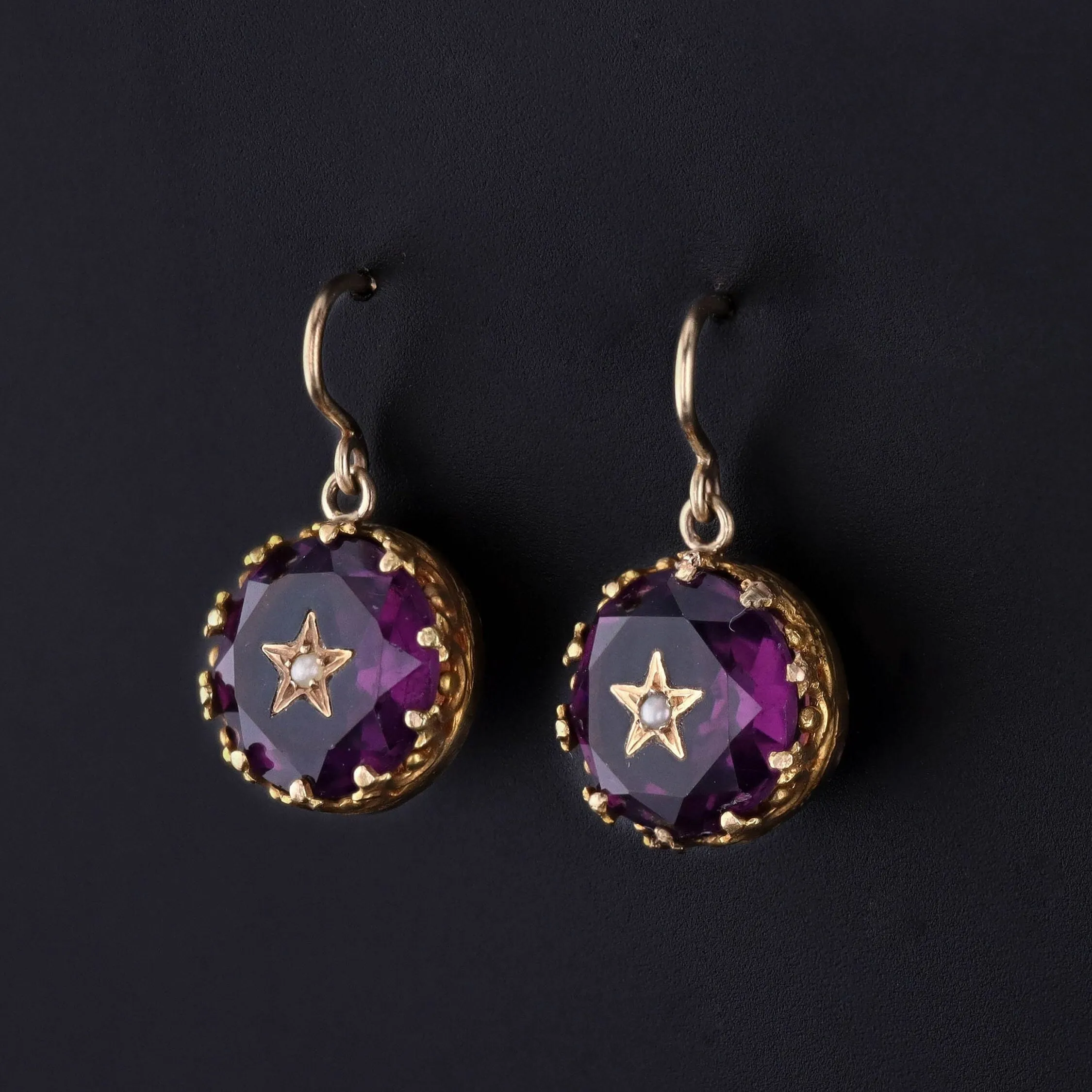 Antique Purple Glass Star Earrings of 14k Gold