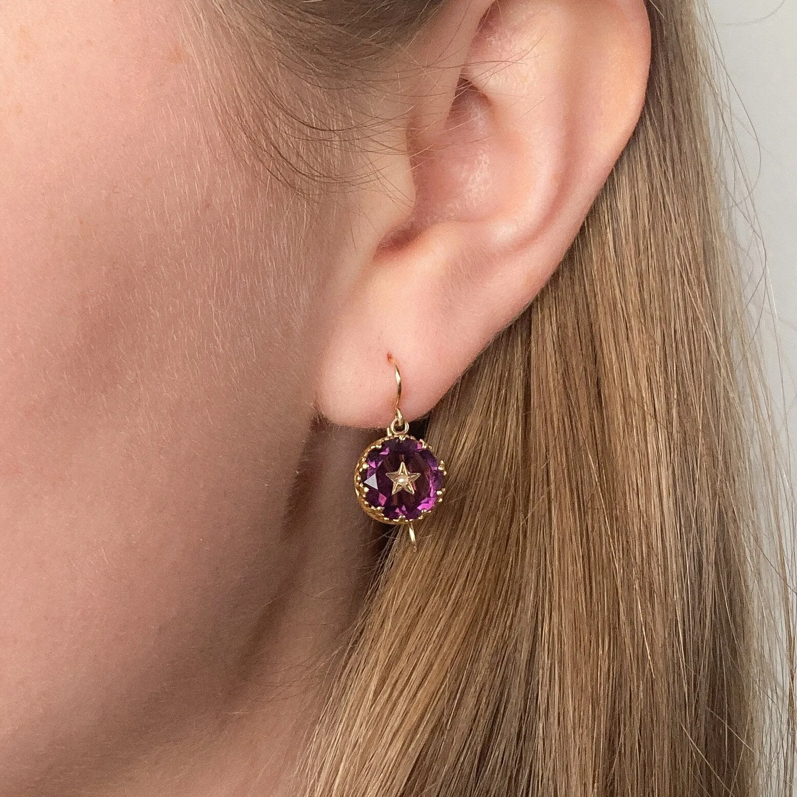 Antique Purple Glass Star Earrings of 14k Gold