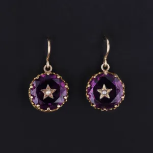 Antique Purple Glass Star Earrings of 14k Gold