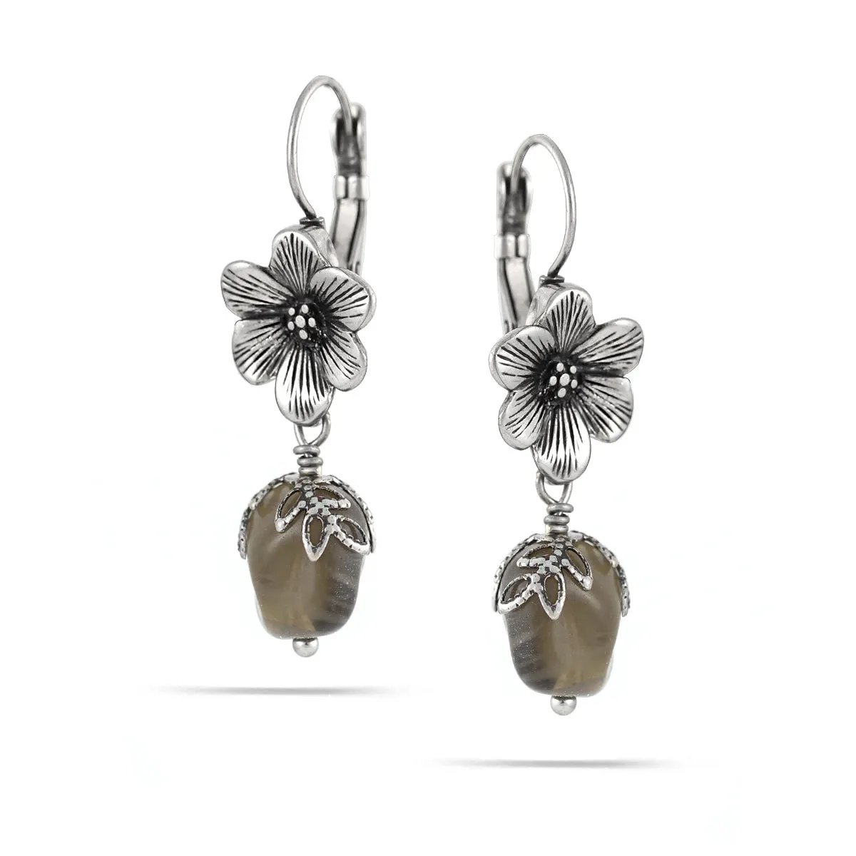 ANTIQUE SILVER FLOWER GRAY DROP EARRINGS #219BK3101