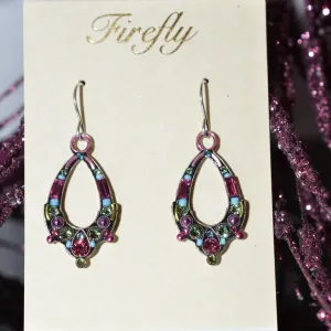 Antique Silver Plated Oval Rose-Colored Crystal Hoop Earrings by Firefly