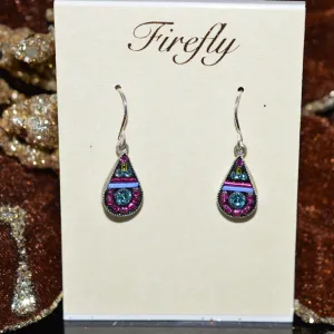 Antique Silver Plated Simple Drop Earrings by Firefly With Fuchsia Crystals