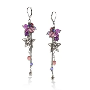 ANTIQUE SILVER STAR PURPLE CRYSTAL DROP EARRINGS #193PP3501