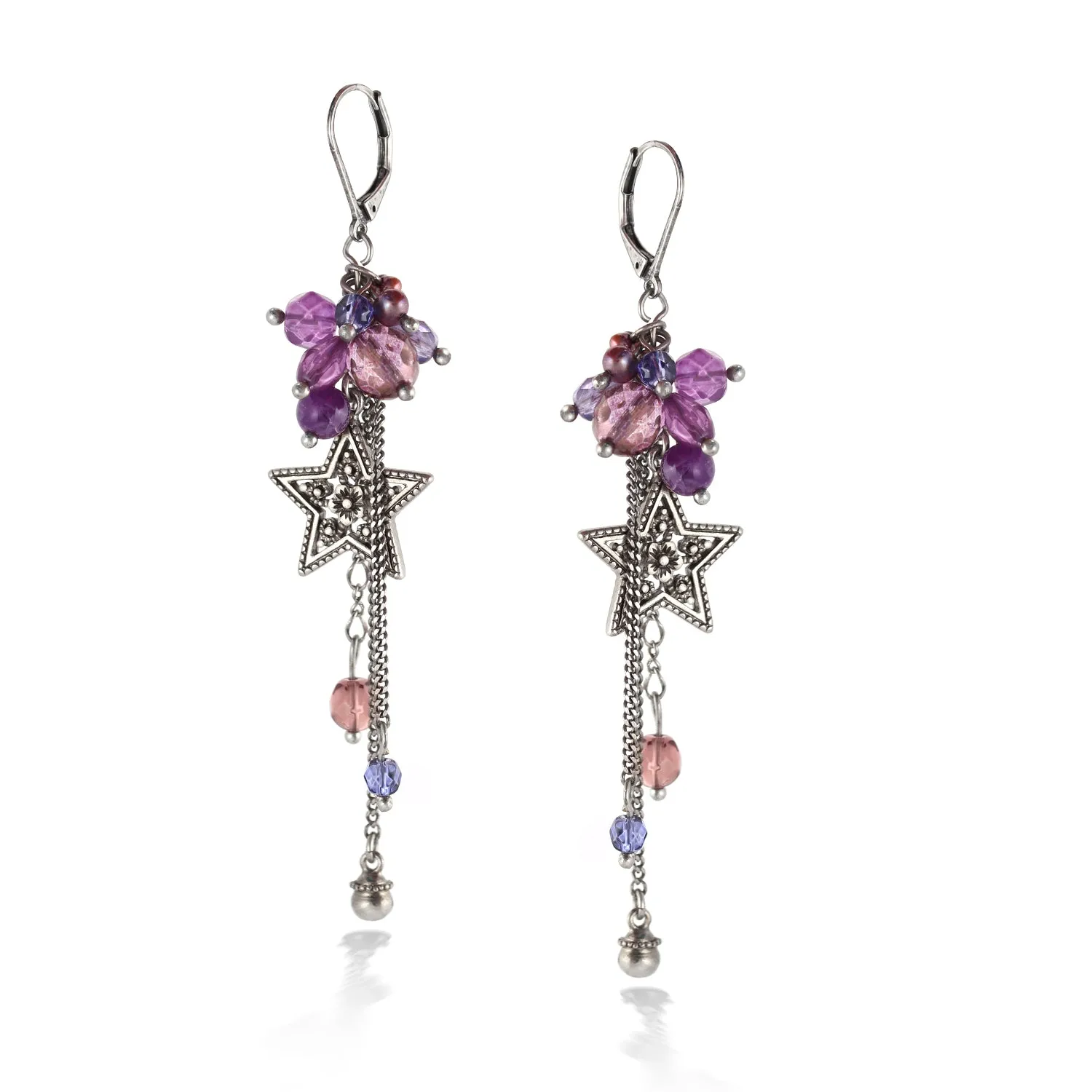 ANTIQUE SILVER STAR PURPLE CRYSTAL DROP EARRINGS #193PP3501