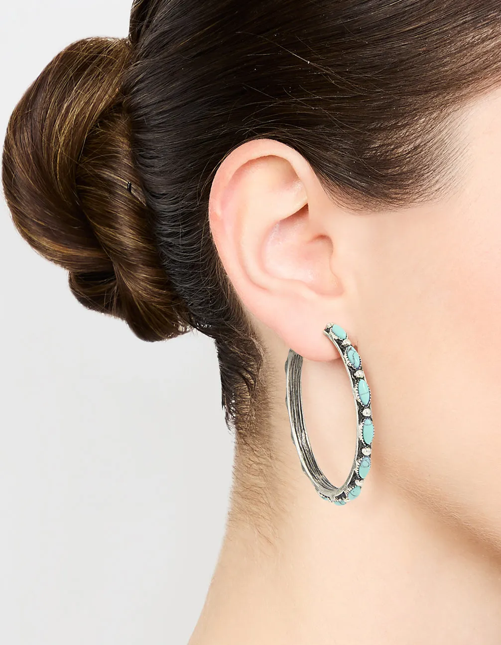 Antique Silver Turquoise Large Hoop Earrings