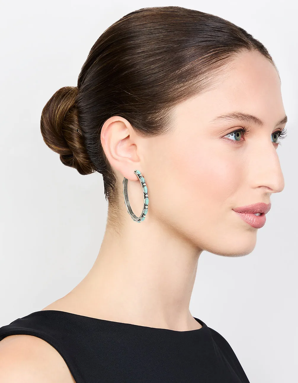 Antique Silver Turquoise Large Hoop Earrings
