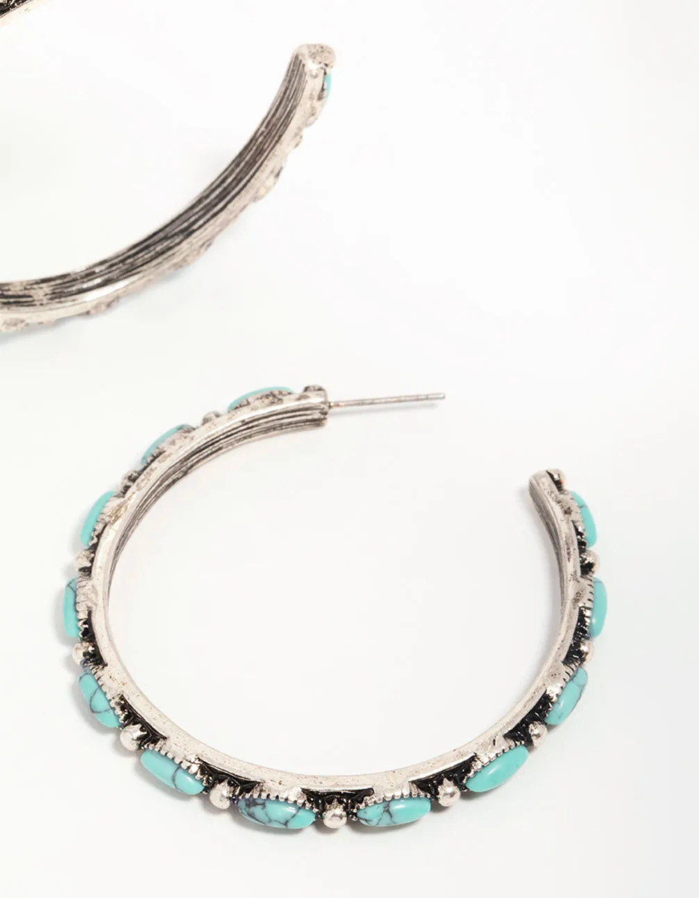Antique Silver Turquoise Large Hoop Earrings