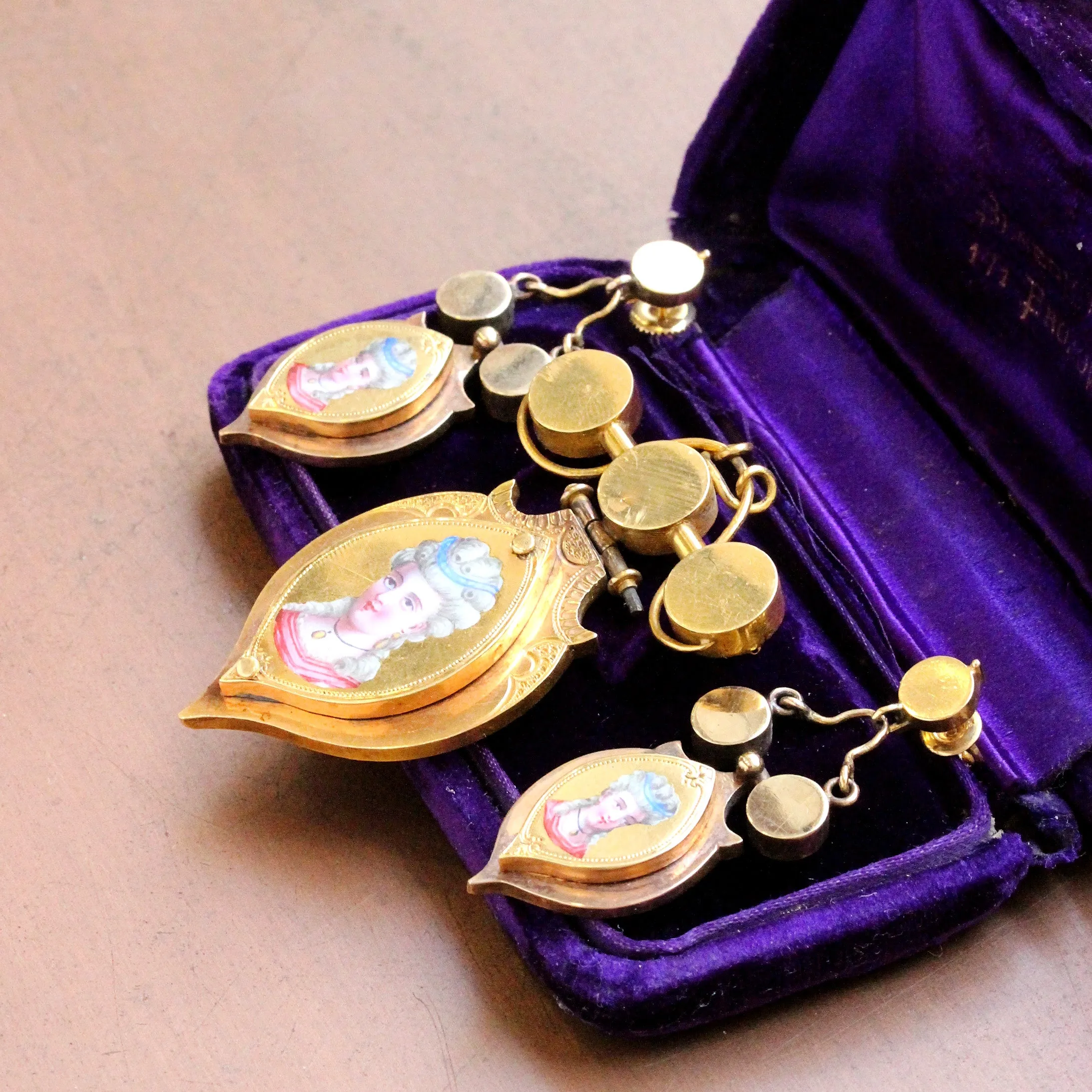 Antique Swiss Enamel Demi Parure of Earrings & Pin/Pendant, 18k