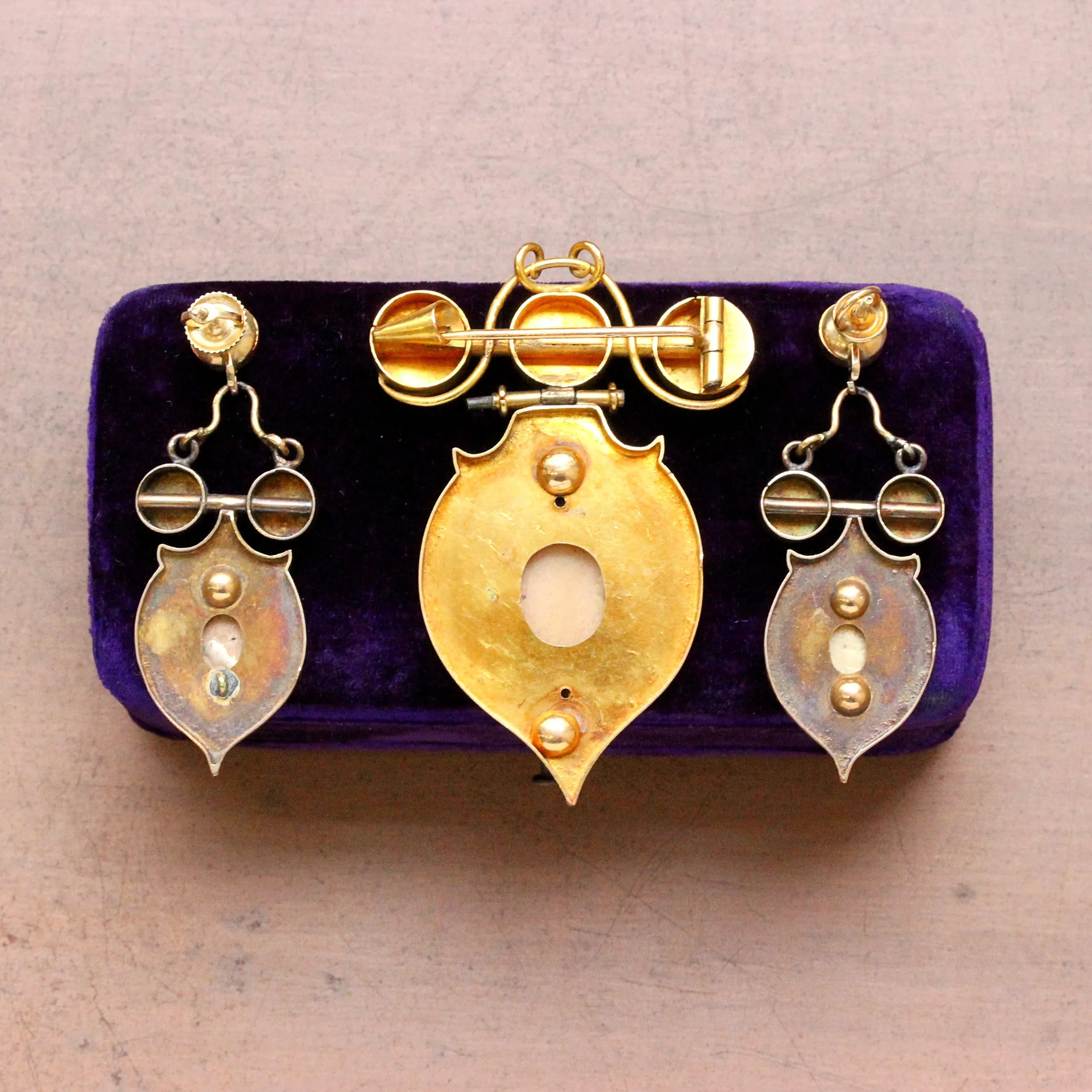Antique Swiss Enamel Demi Parure of Earrings & Pin/Pendant, 18k