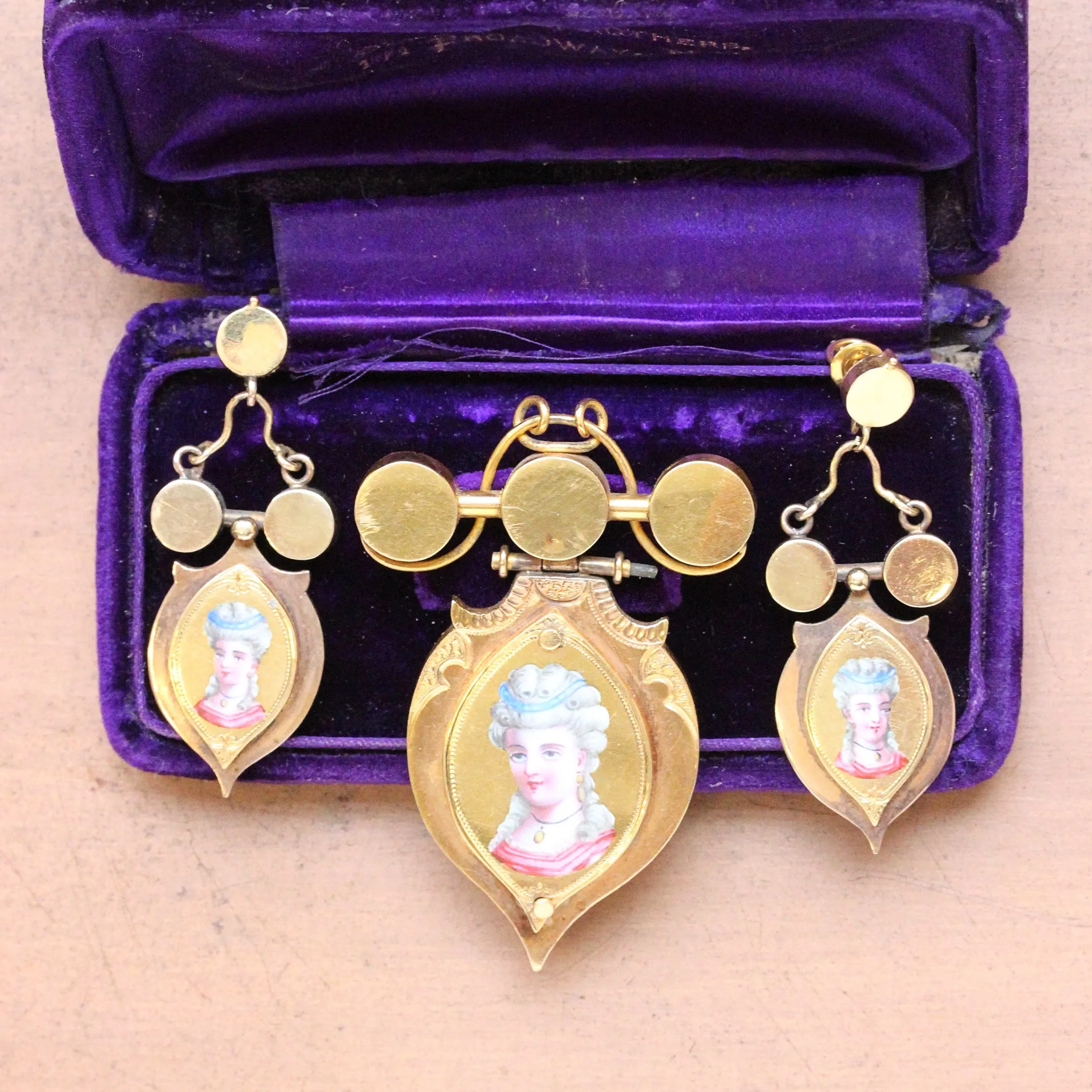 Antique Swiss Enamel Demi Parure of Earrings & Pin/Pendant, 18k