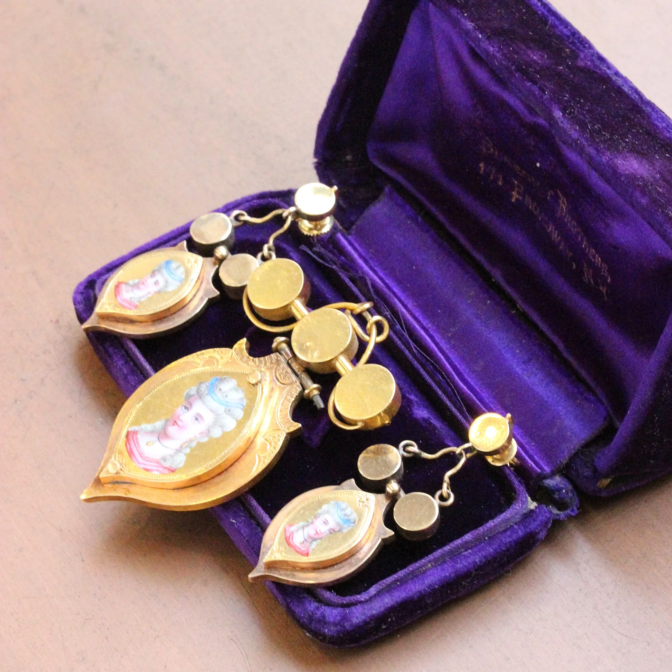 Antique Swiss Enamel Demi Parure of Earrings & Pin/Pendant, 18k