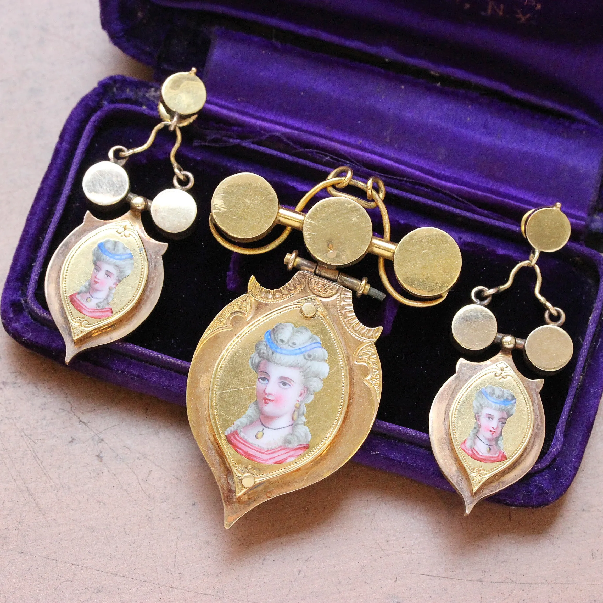 Antique Swiss Enamel Demi Parure of Earrings & Pin/Pendant, 18k