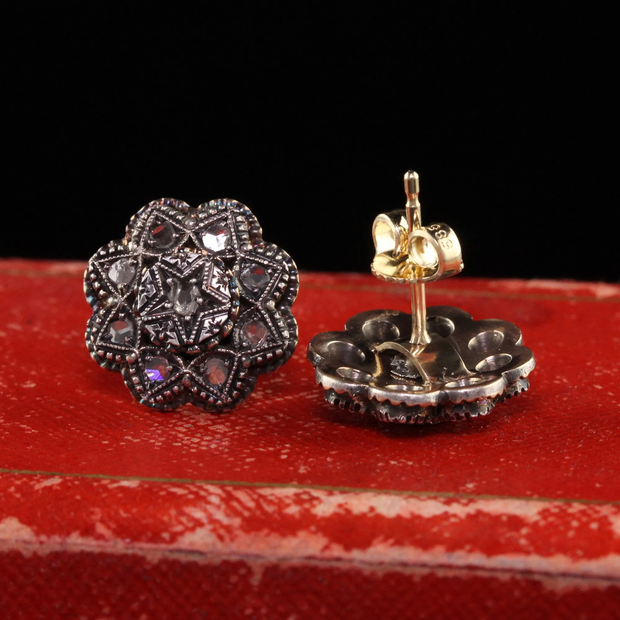 Antique Victorian 14K Yellow Gold and Silver Rose Cut Diamond Flower Earrings