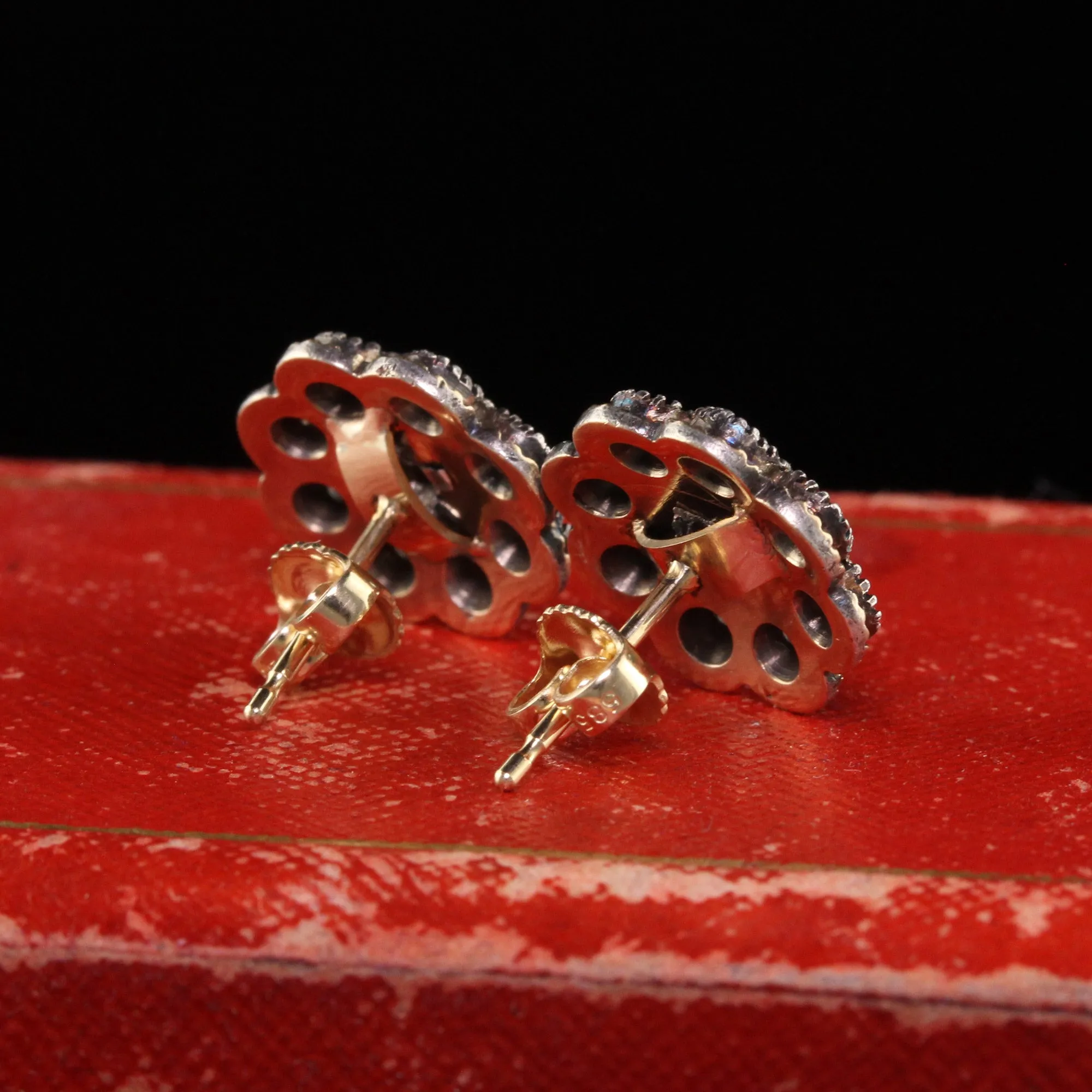 Antique Victorian 14K Yellow Gold and Silver Rose Cut Diamond Flower Earrings