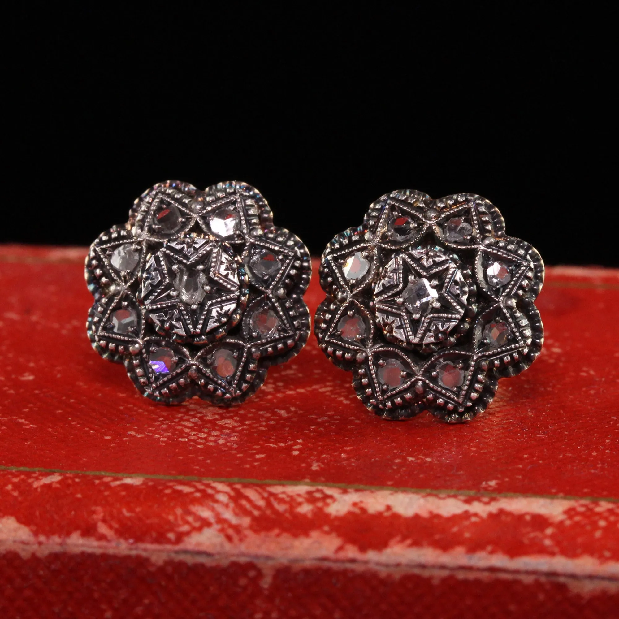 Antique Victorian 14K Yellow Gold and Silver Rose Cut Diamond Flower Earrings