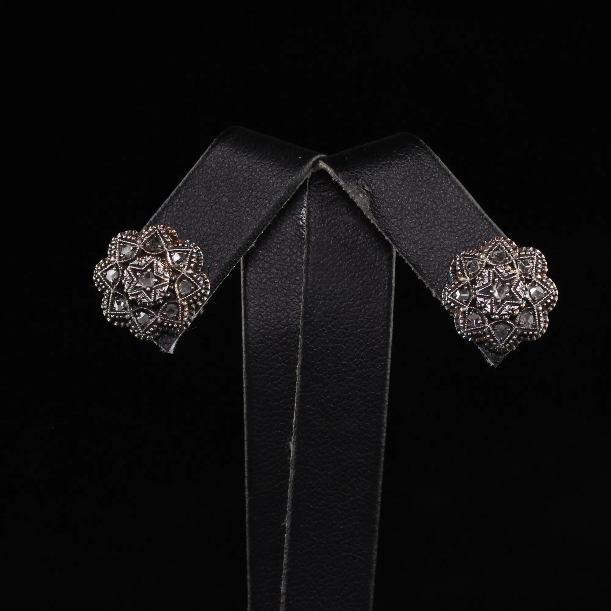 Antique Victorian 14K Yellow Gold and Silver Rose Cut Diamond Flower Earrings
