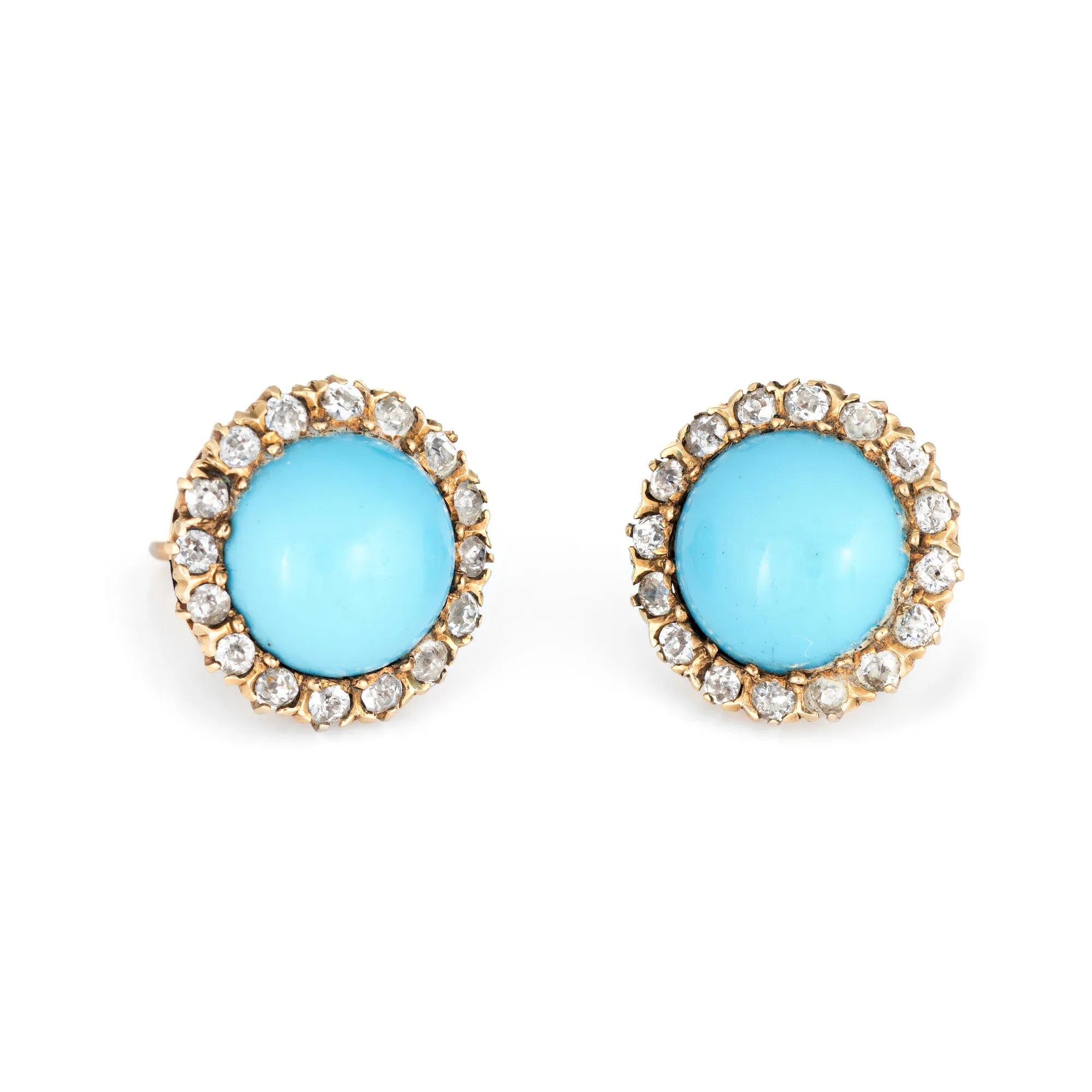 Antique Victorian Diamond Turquoise Halo Earrings Vintage 14k Gold Round Rose