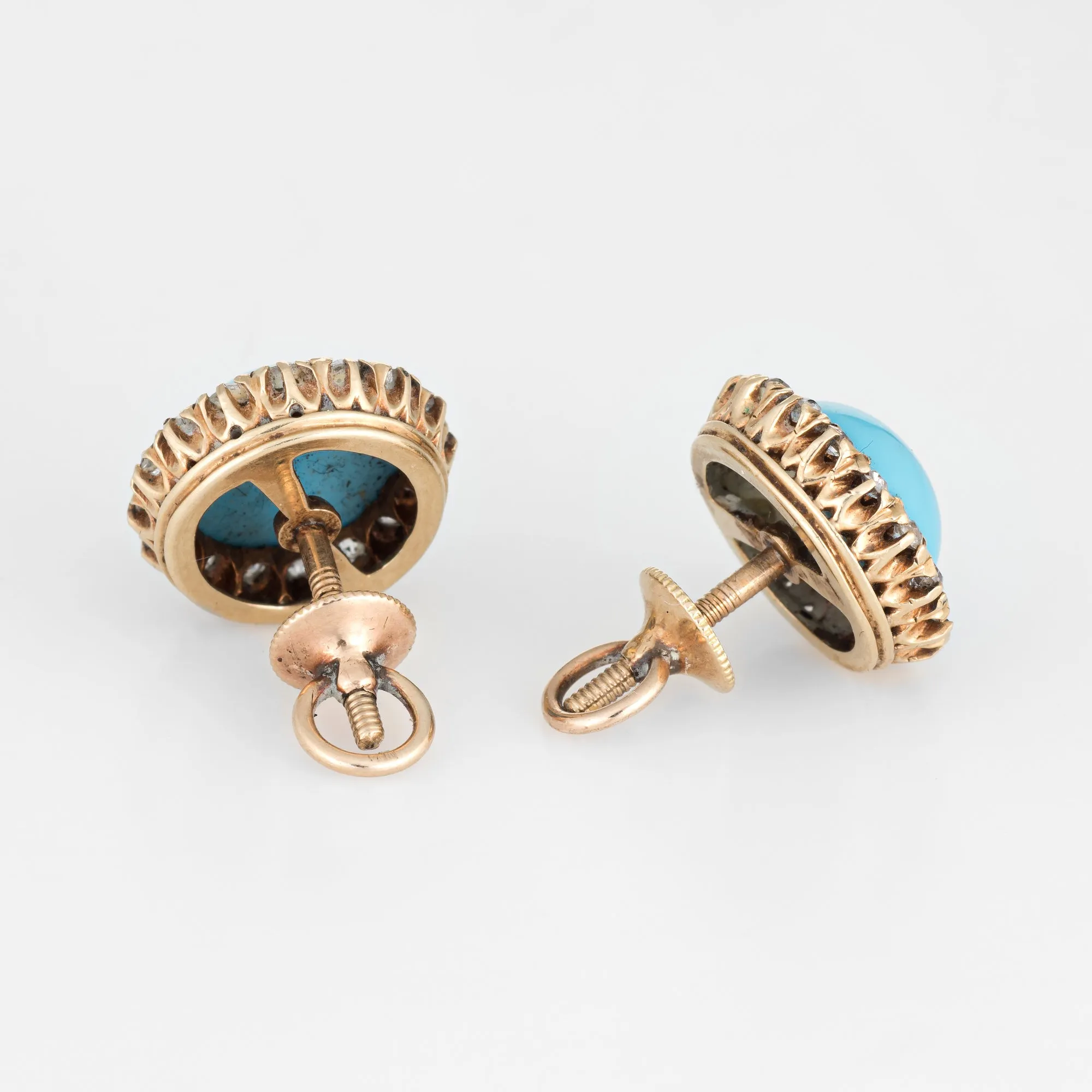 Antique Victorian Diamond Turquoise Halo Earrings Vintage 14k Gold Round Rose