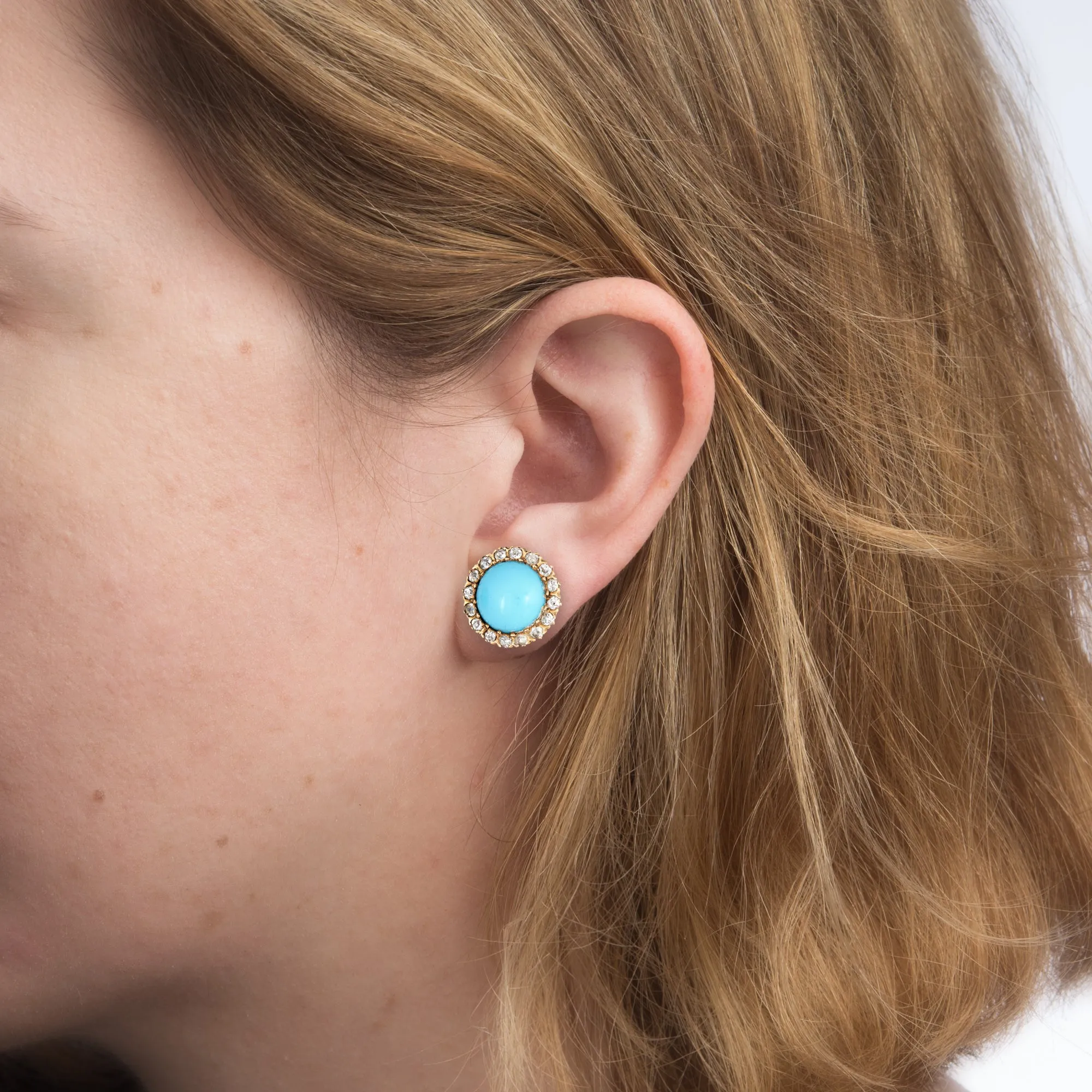 Antique Victorian Diamond Turquoise Halo Earrings Vintage 14k Gold Round Rose