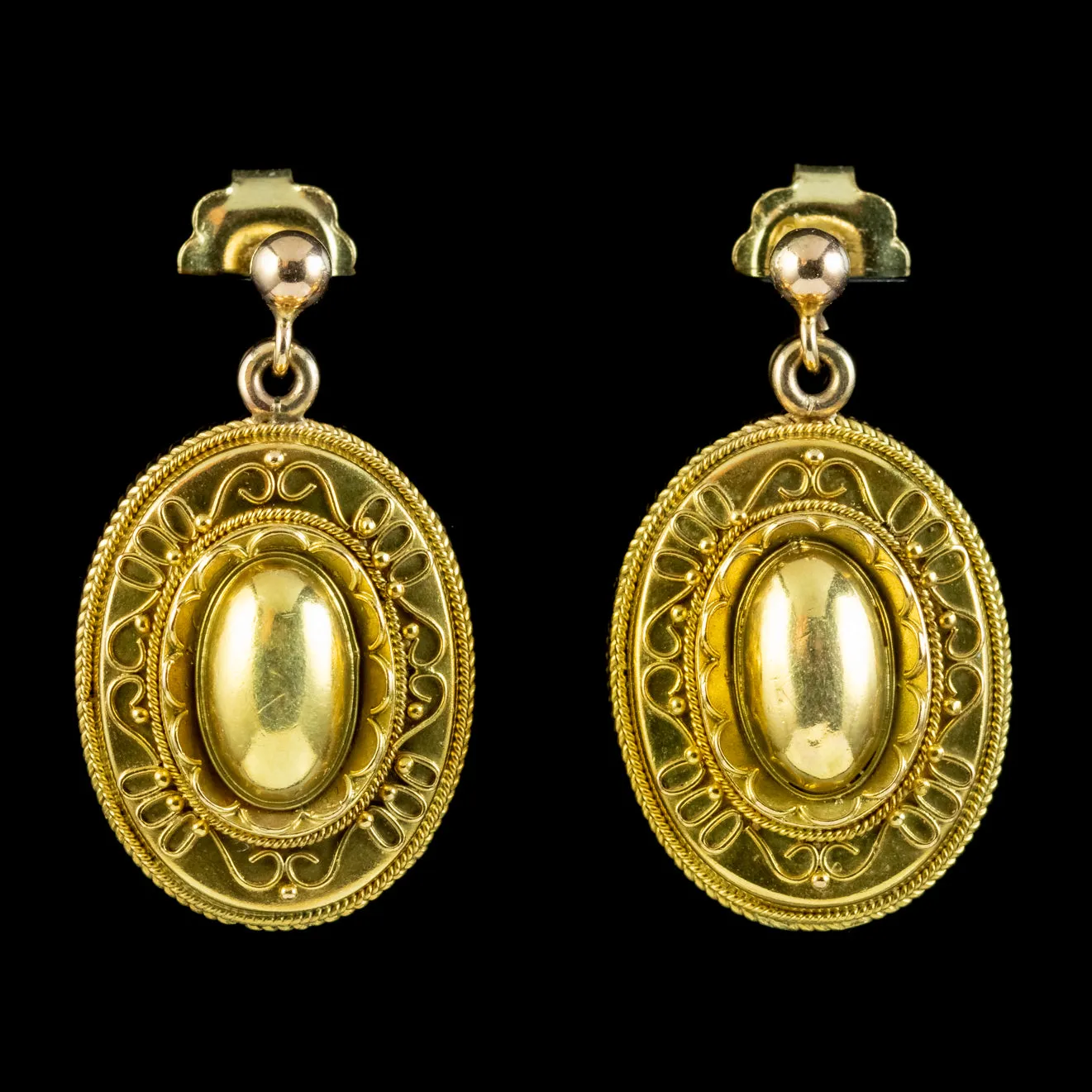 Antique Victorian Etruscan Revival Drop Earrings 9ct Gold Circa 1860