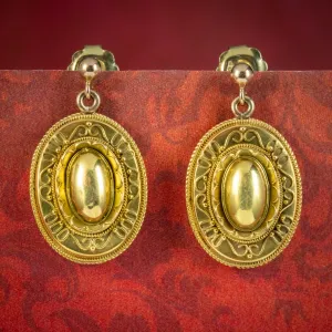 Antique Victorian Etruscan Revival Drop Earrings 9ct Gold Circa 1860