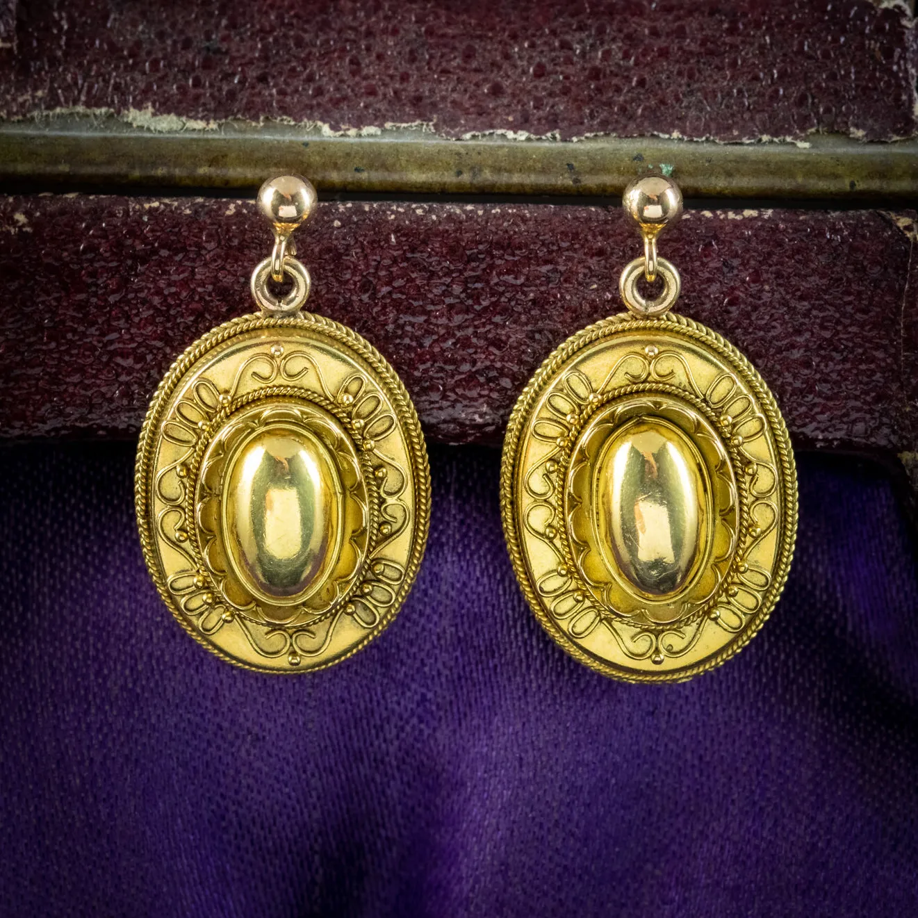 Antique Victorian Etruscan Revival Drop Earrings 9ct Gold Circa 1860