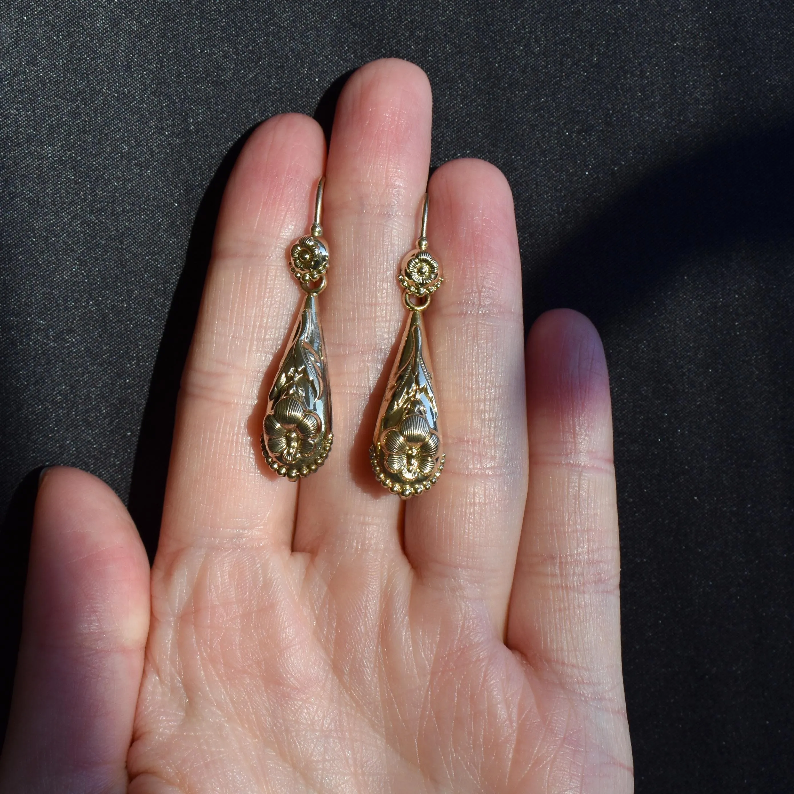 Antique Victorian Fancy Floral Torpedo Gold Gilt Drop Earrings