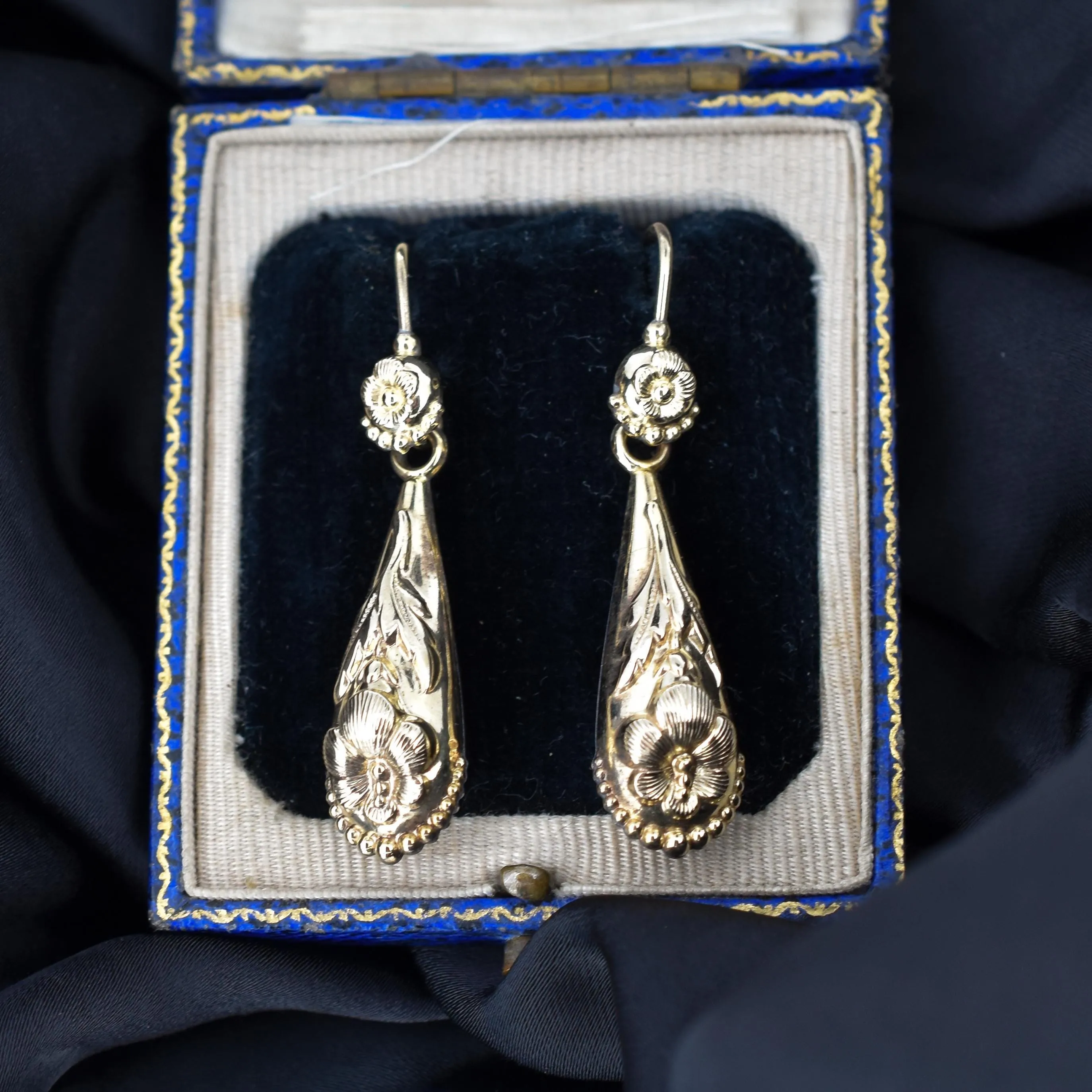 Antique Victorian Fancy Floral Torpedo Gold Gilt Drop Earrings
