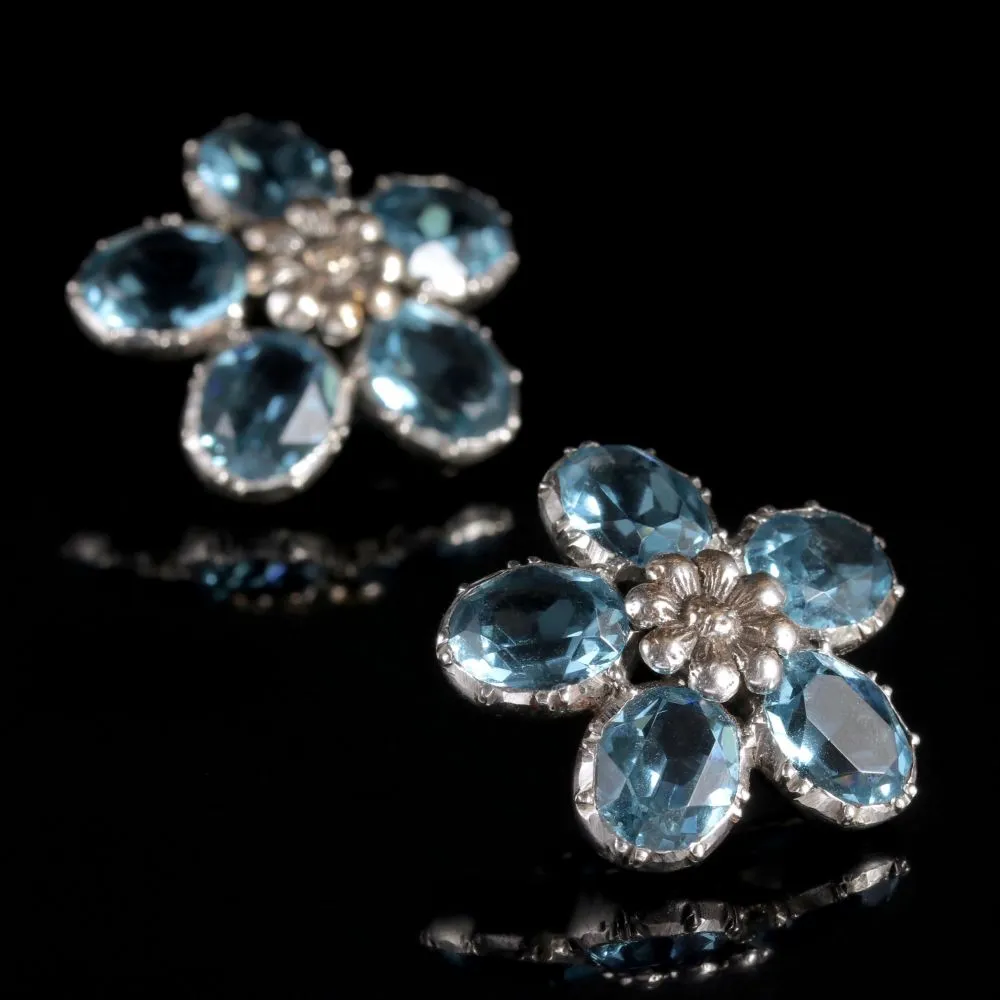 Antique Victorian Flower Earrings Blue Paste Silver Circa 1890