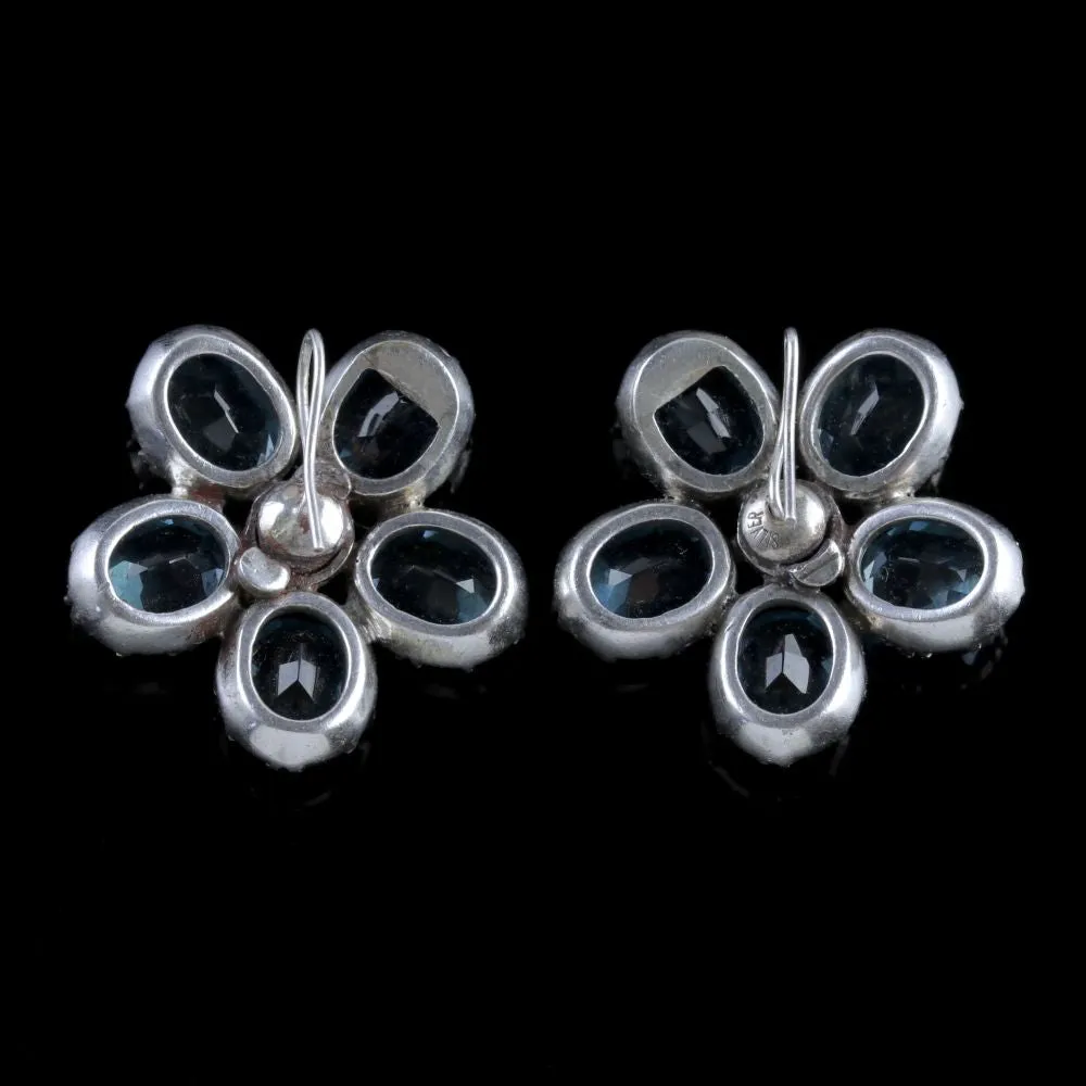 Antique Victorian Flower Earrings Blue Paste Silver Circa 1890