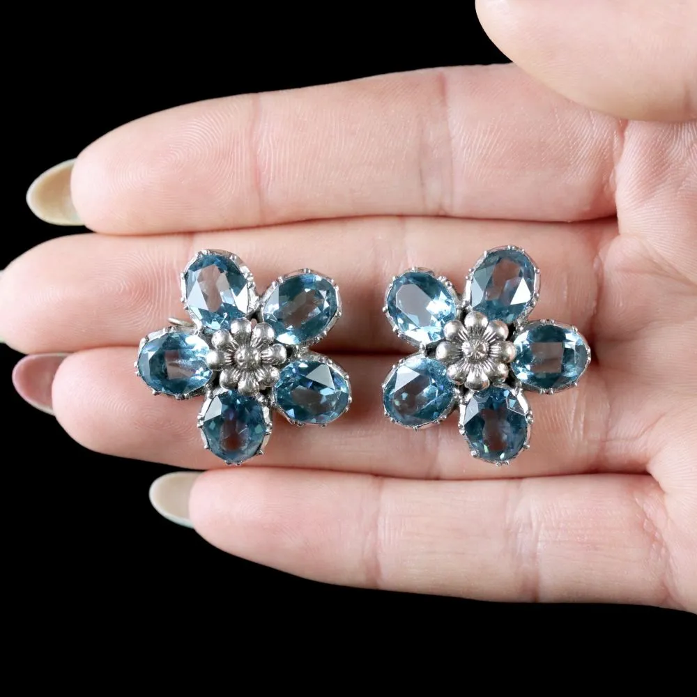 Antique Victorian Flower Earrings Blue Paste Silver Circa 1890