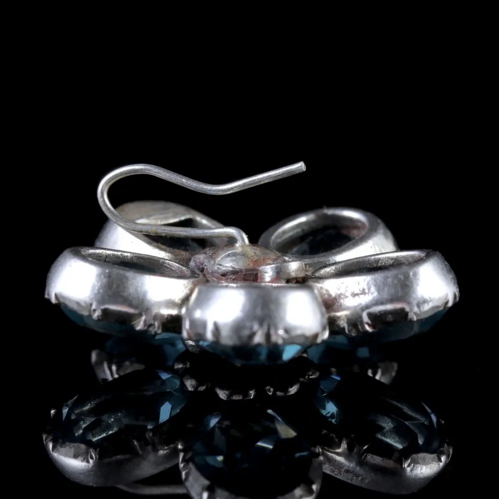Antique Victorian Flower Earrings Blue Paste Silver Circa 1890