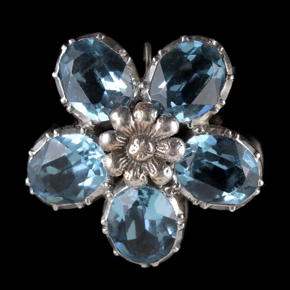 Antique Victorian Flower Earrings Blue Paste Silver Circa 1890