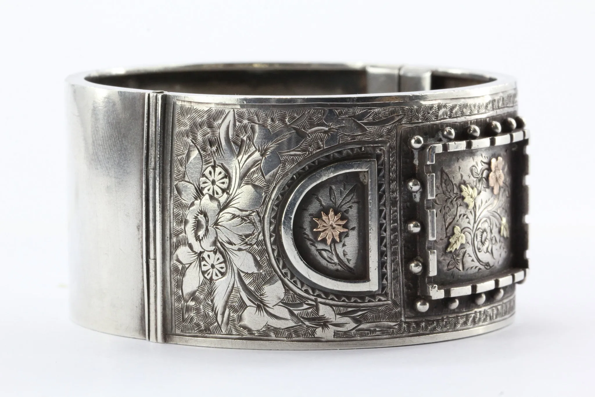 Antique Victorian Mixed Metal Sterling Silver & Gold Bangle Bracelet