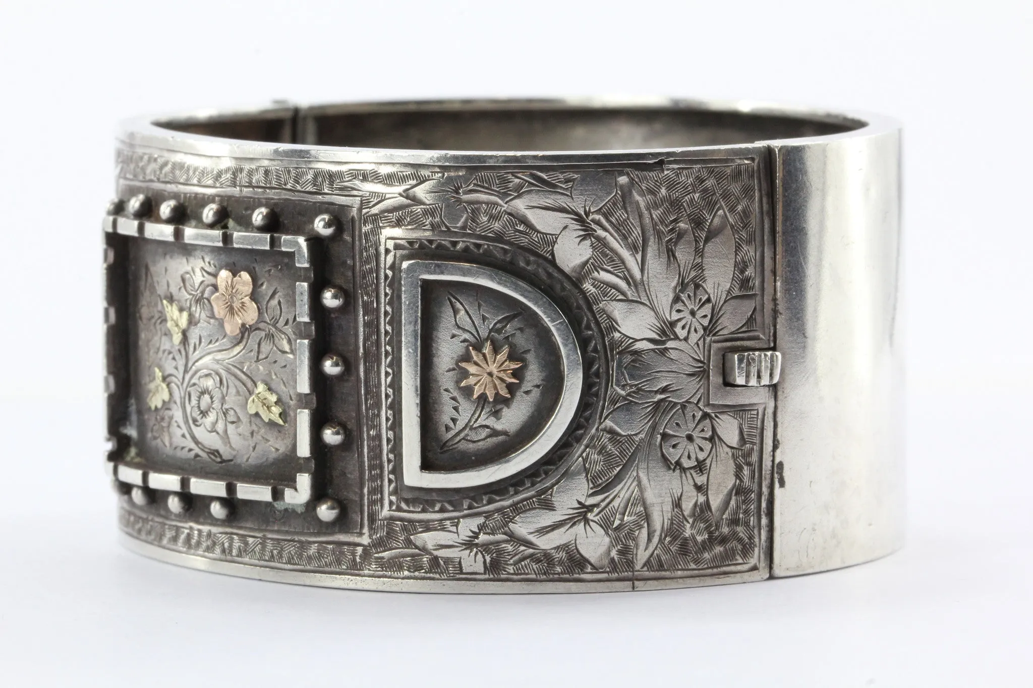 Antique Victorian Mixed Metal Sterling Silver & Gold Bangle Bracelet