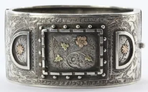 Antique Victorian Mixed Metal Sterling Silver & Gold Bangle Bracelet