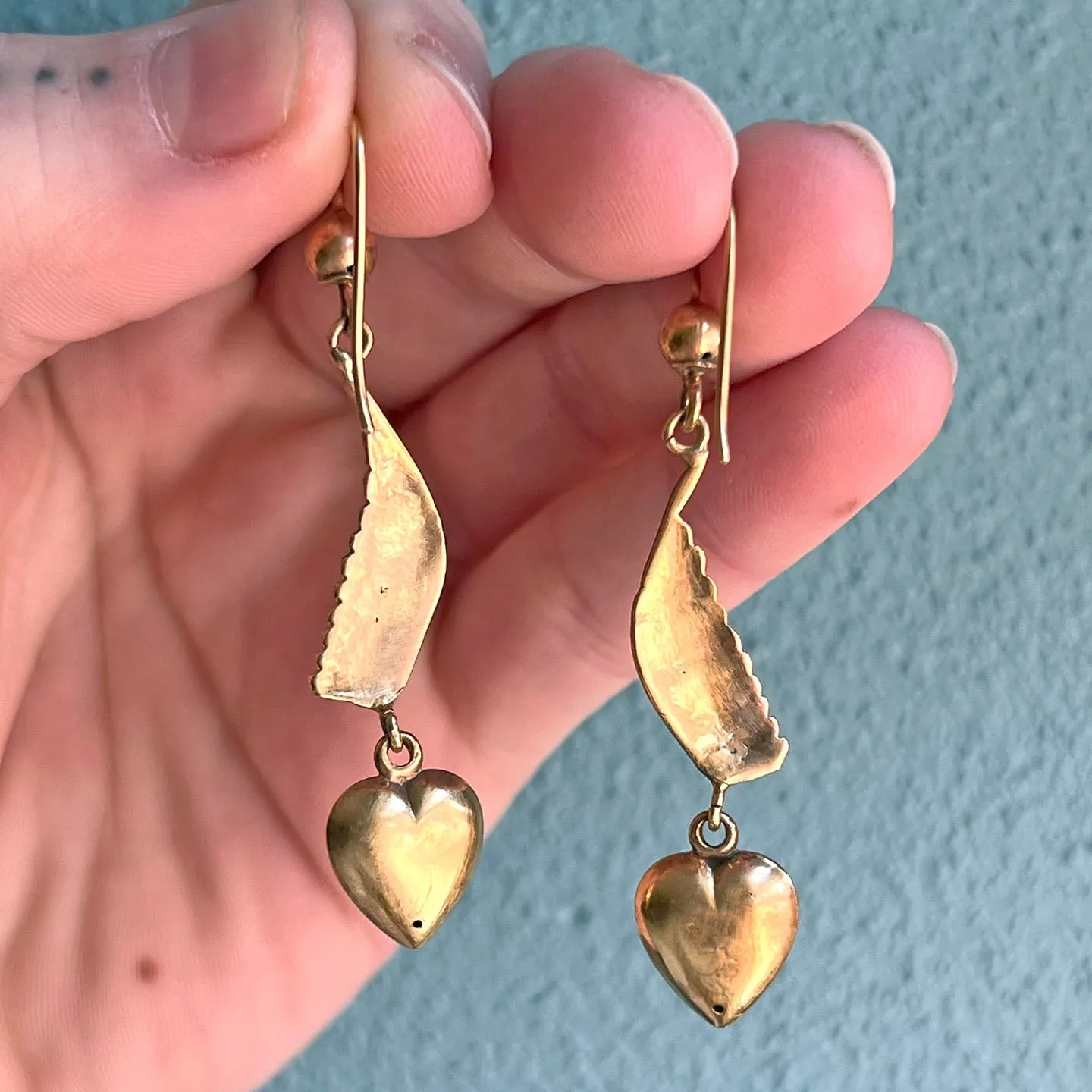 Antique Wing Heart Pearl Drop Earrings 9k Gold