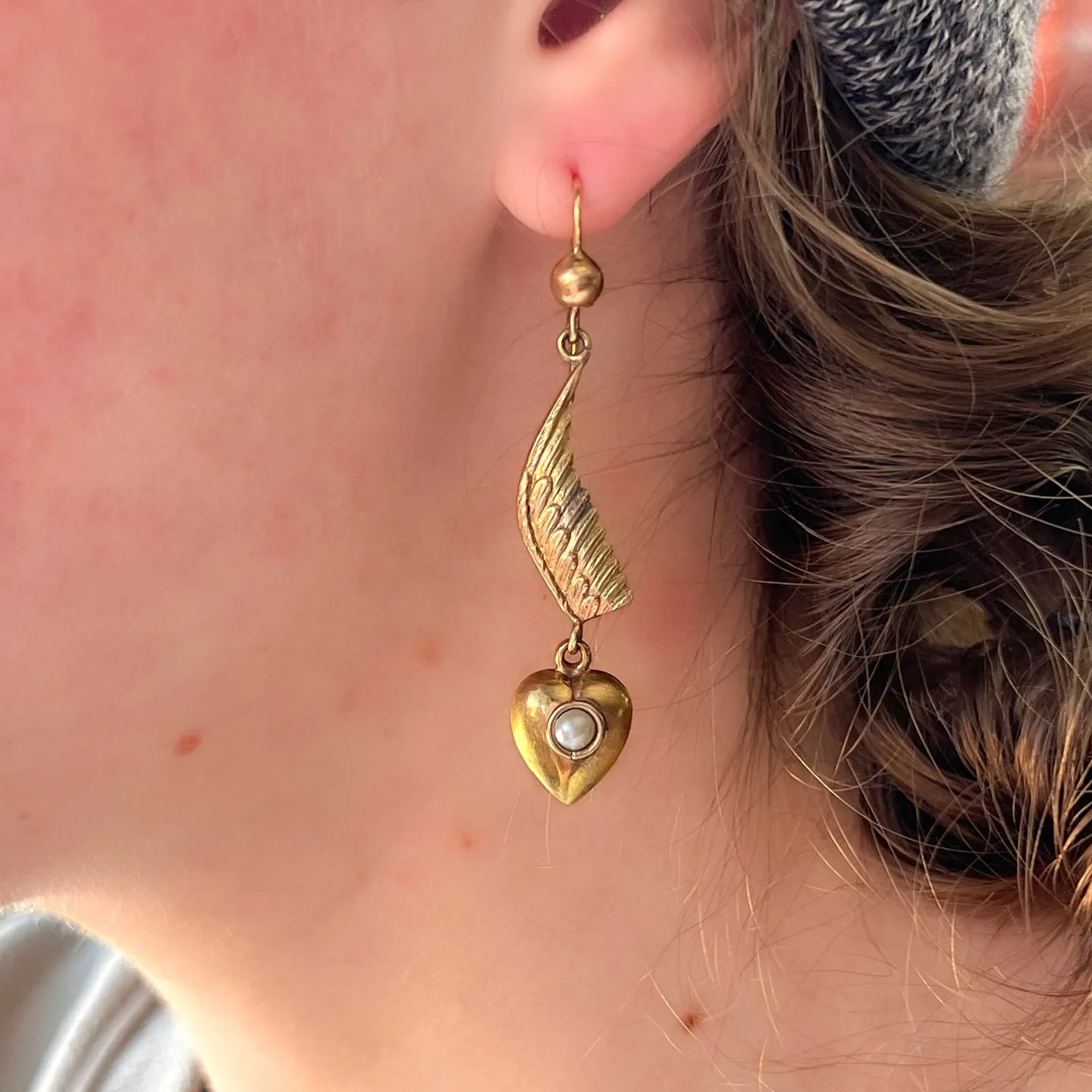 Antique Wing Heart Pearl Drop Earrings 9k Gold