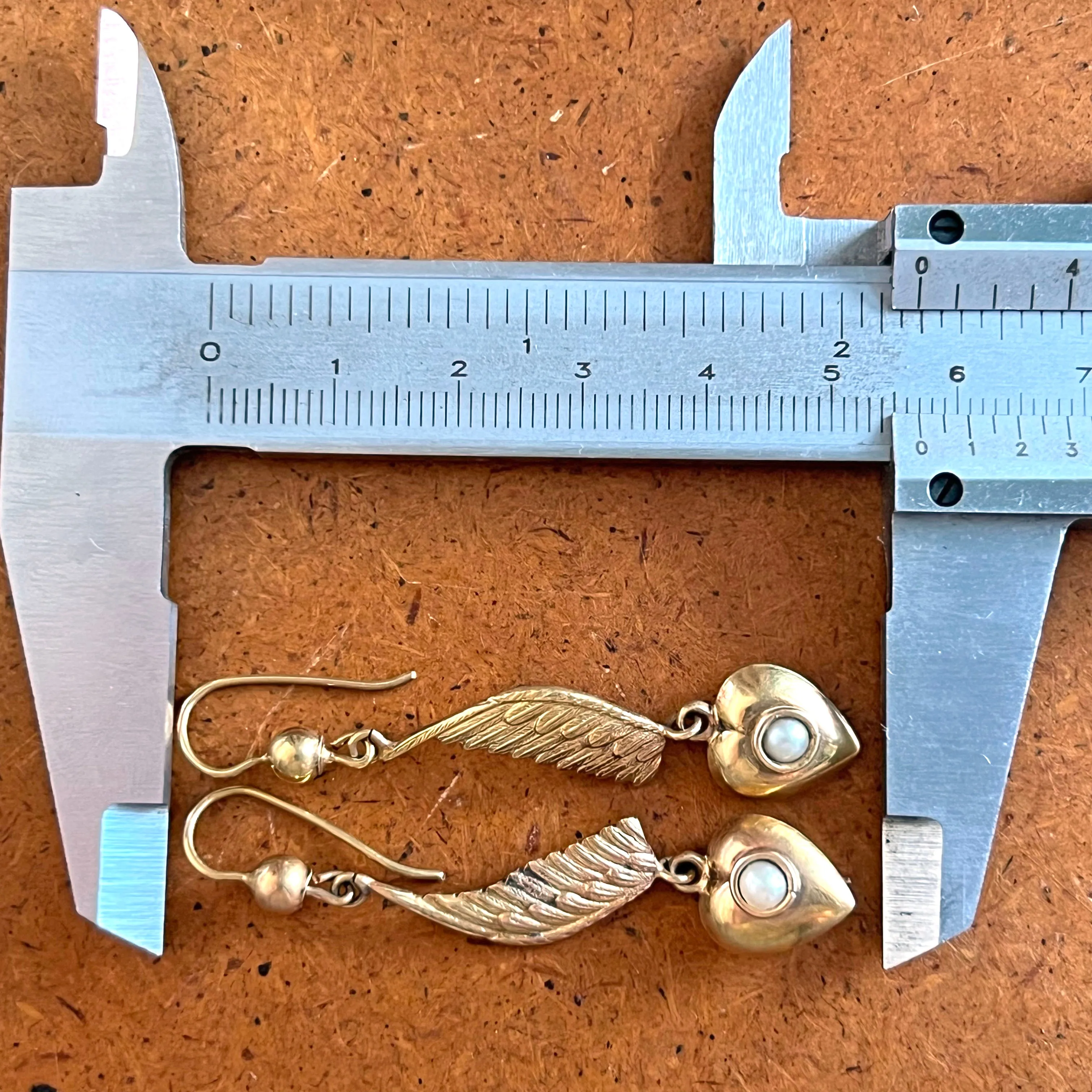 Antique Wing Heart Pearl Drop Earrings 9k Gold
