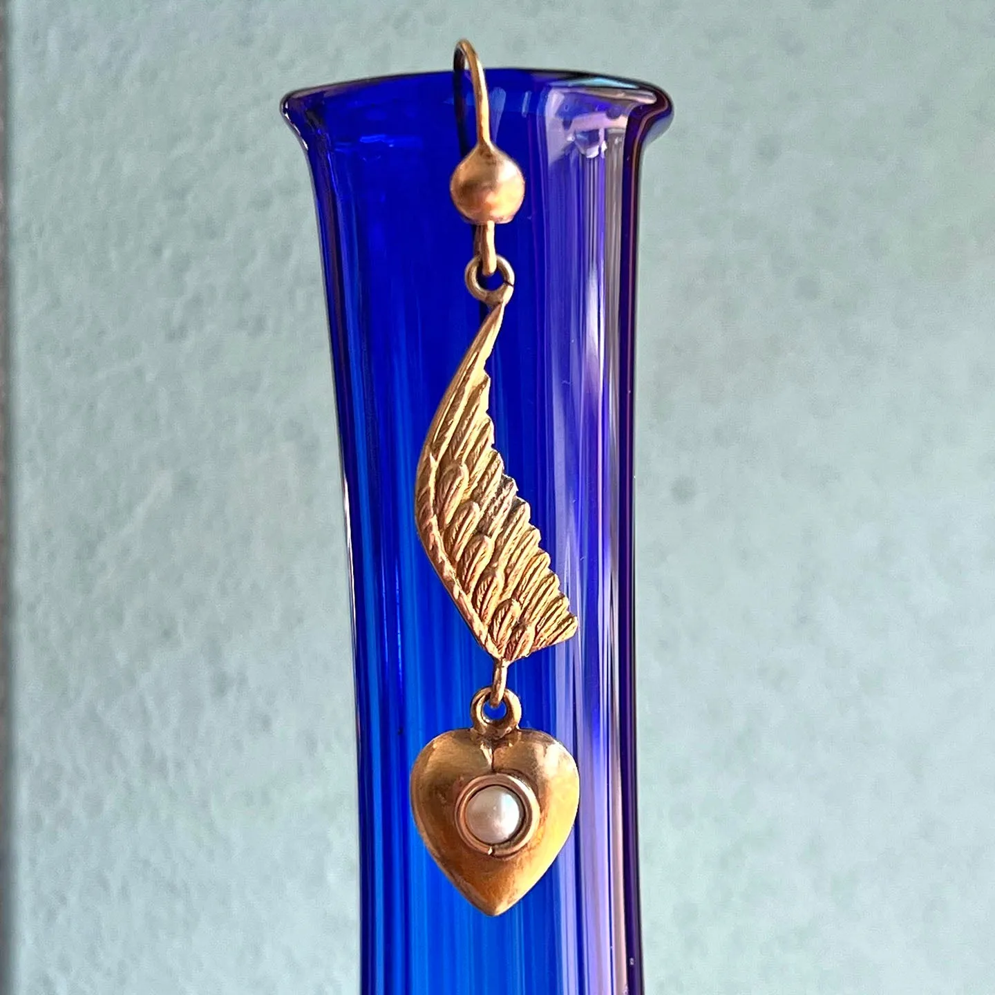 Antique Wing Heart Pearl Drop Earrings 9k Gold