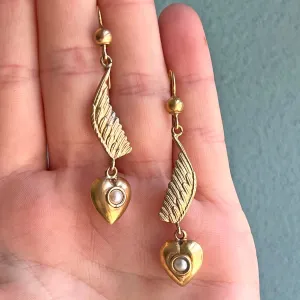 Antique Wing Heart Pearl Drop Earrings 9k Gold