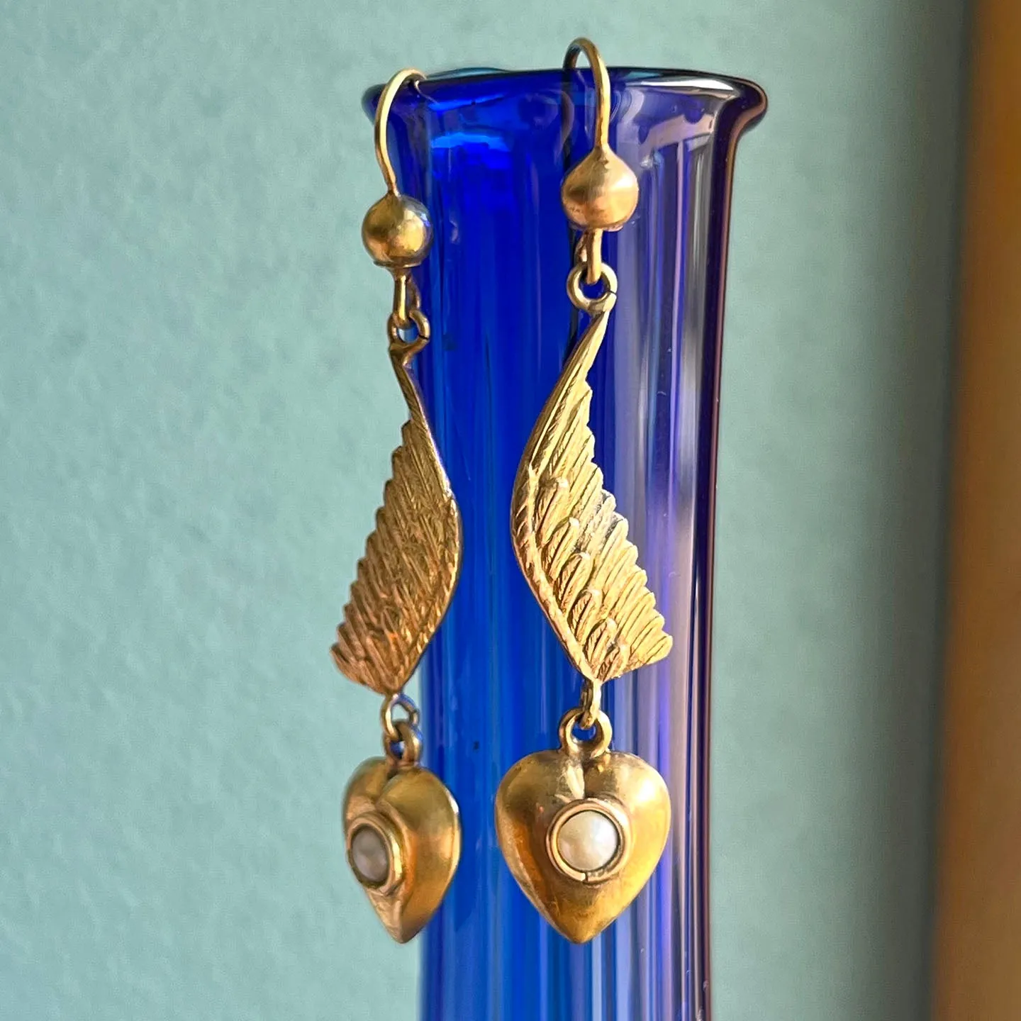 Antique Wing Heart Pearl Drop Earrings 9k Gold