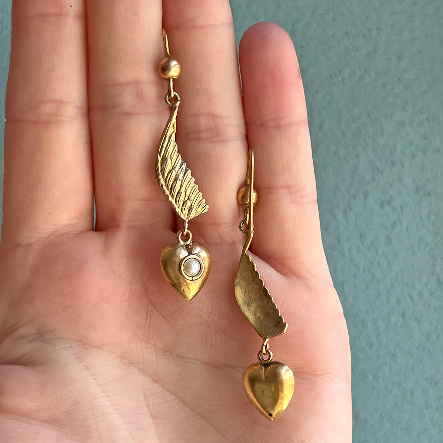 Antique Wing Heart Pearl Drop Earrings 9k Gold