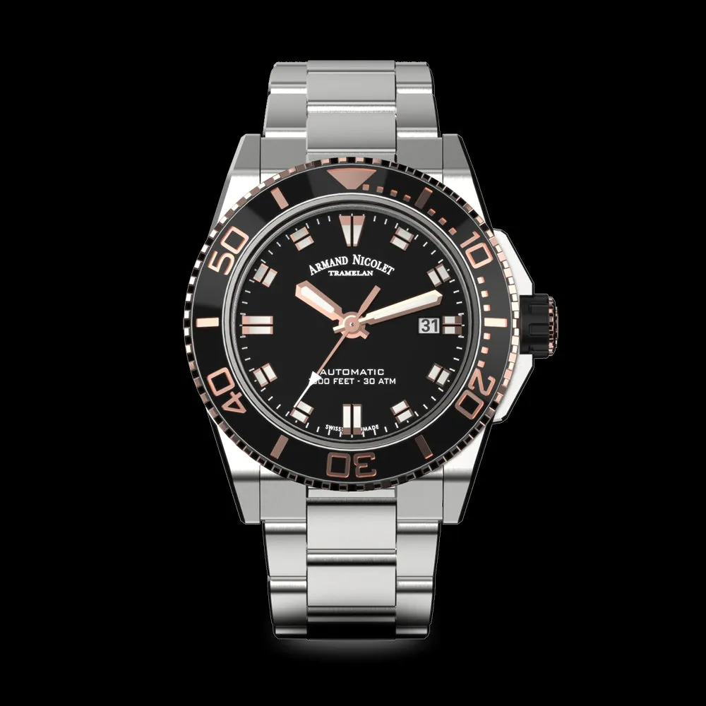 ARMAND NICOLET JS9-44 MEN'S AUTOMATIC STEEL BRACELET BLACK DIAL WATCH